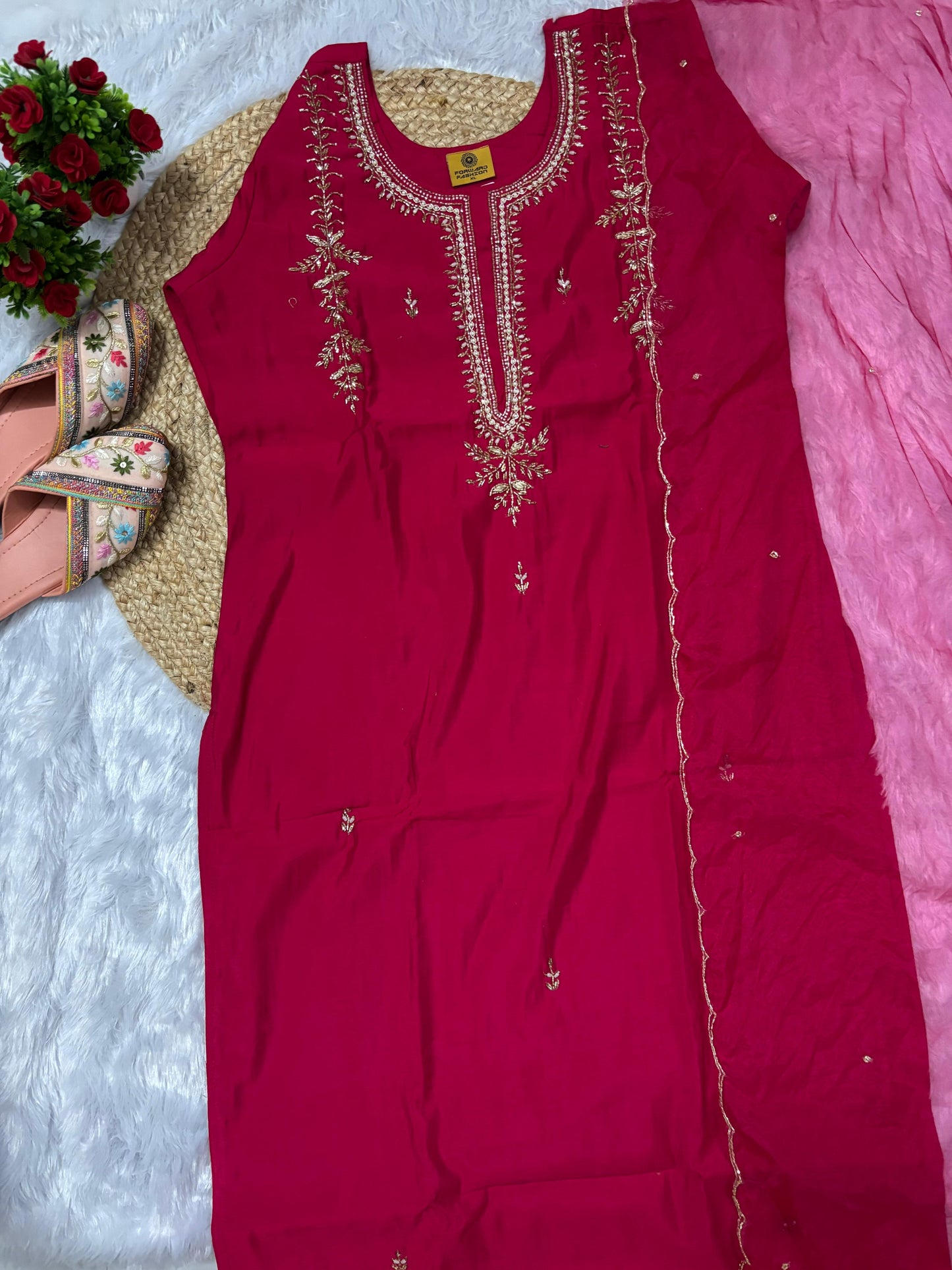 Latest Handwork Dola Silk Hand Embroidery Party Wear Straight Cut Suit.