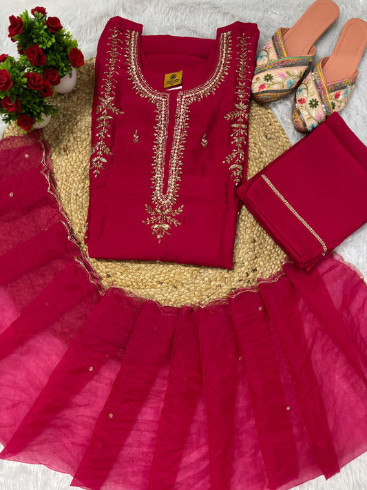 Latest Handwork Dola Silk Hand Embroidery Party Wear Straight Cut Suit.