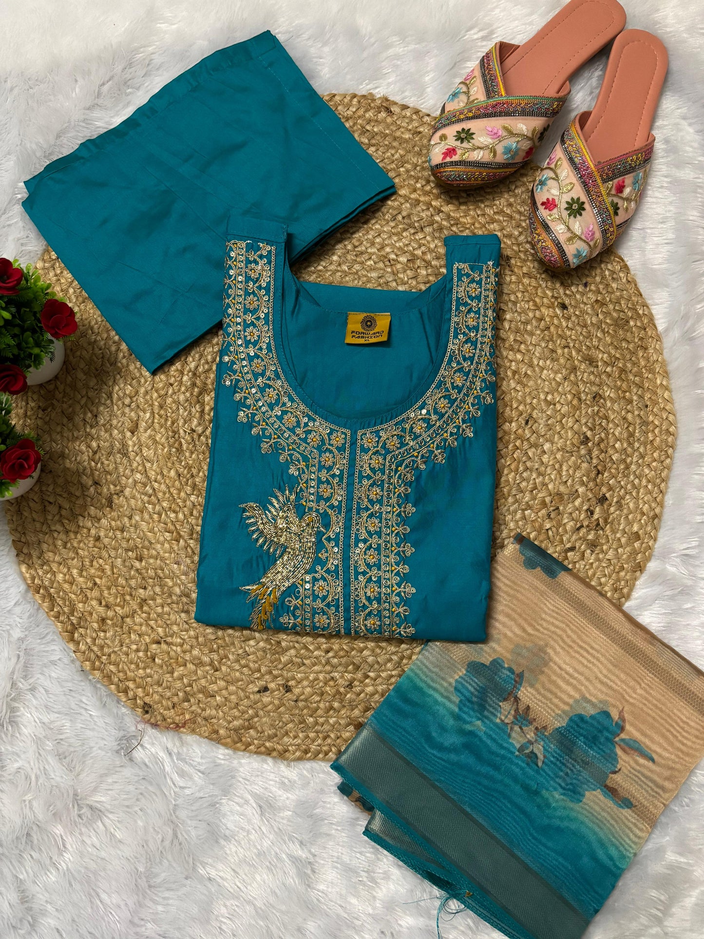 Latest Mulchanderi Peacock Jari Work Straight Cut Party Wear Suit.