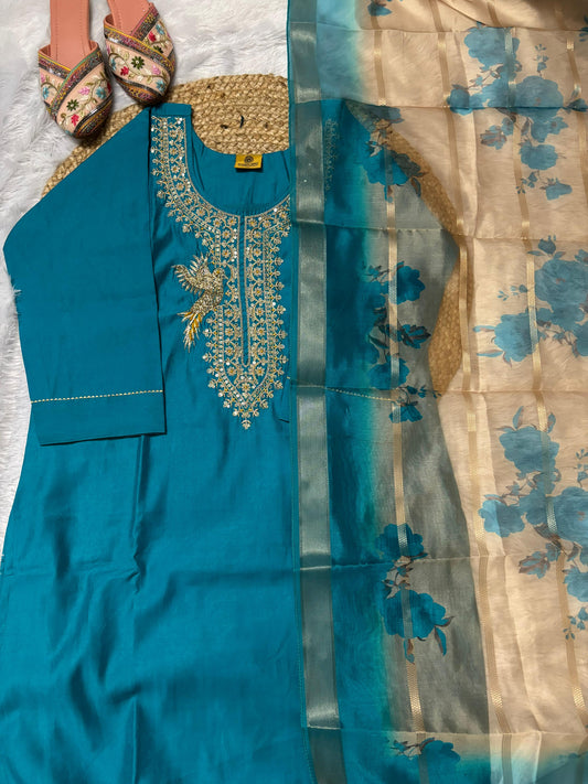 Latest Mulchanderi Peacock Jari Work Straight Cut Party Wear Suit.