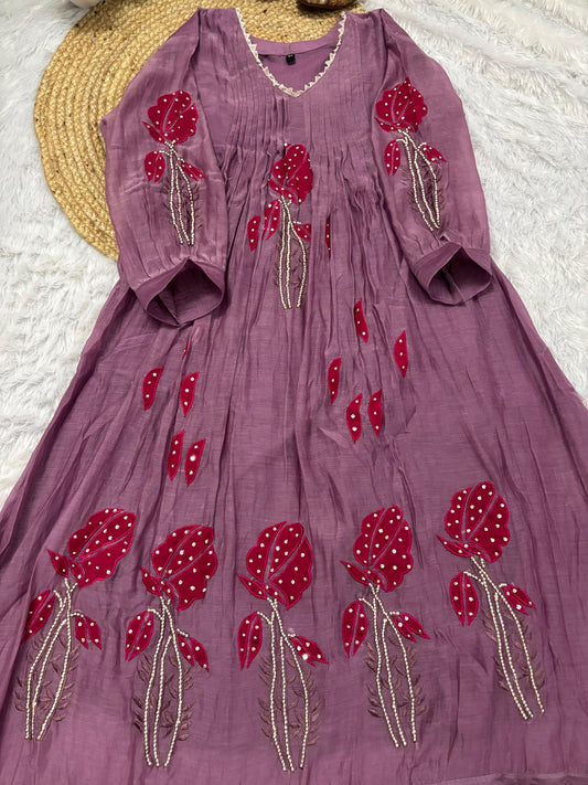 Latest HandWork With Applic Work Premium Mulchanderi Anarkali Party Wear Suit.