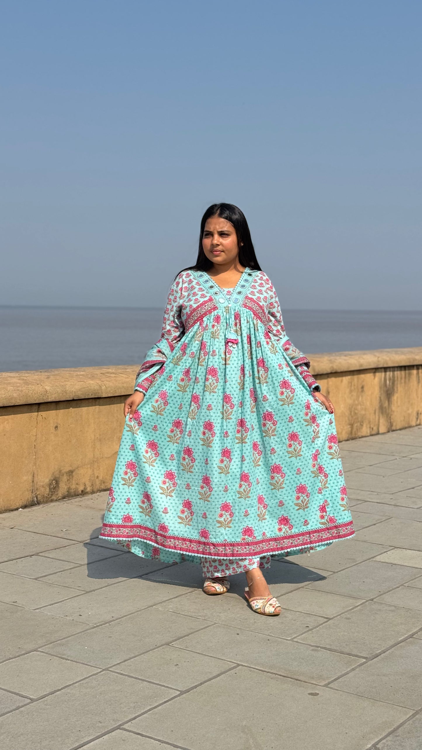 Latest Mirror work Cotton Flower Print Casual Wear Anarkali Suit.