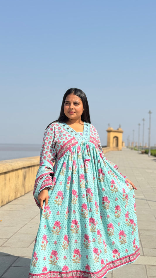 Latest Mirror work Cotton Flower Print Casual Wear Anarkali Suit.