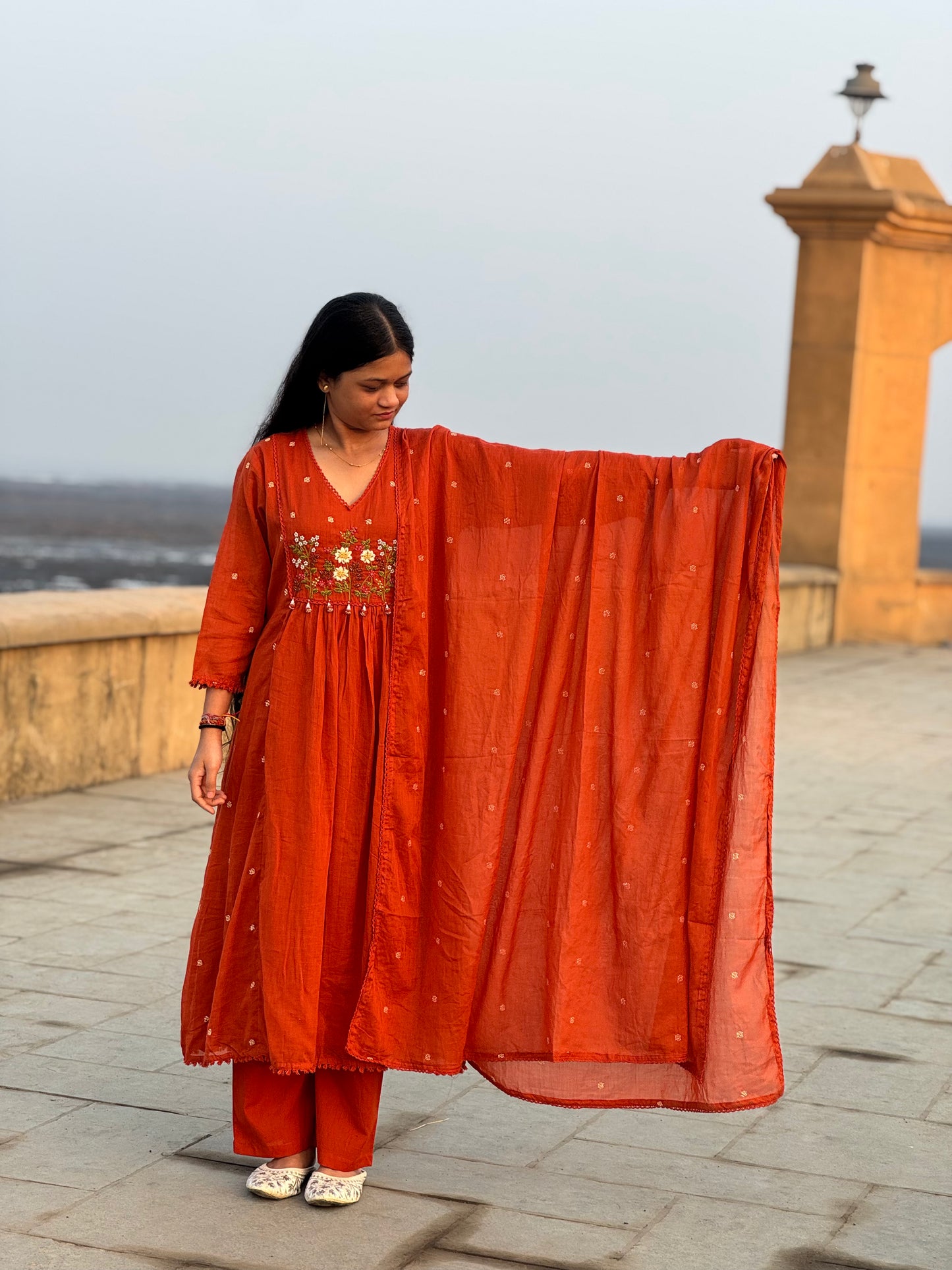 Latest Handwork Mull Cotton Semi-Party Wear Anarkali Suit.