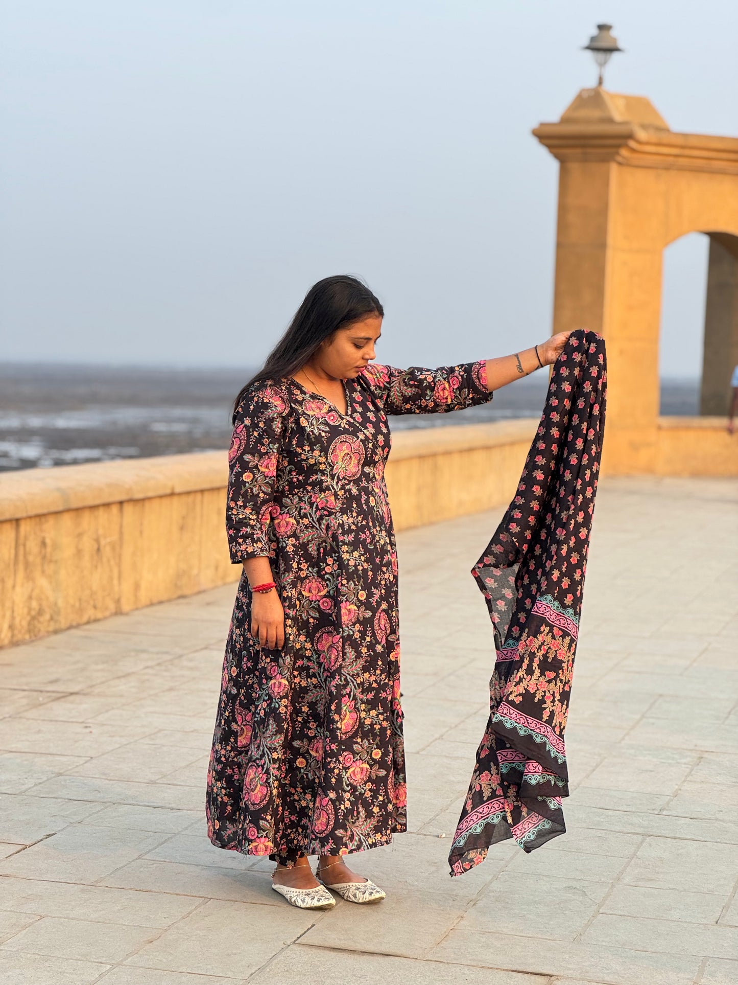 Floral Printed Black Anarkali Premium Semi-Partywear Cotton Suit.
