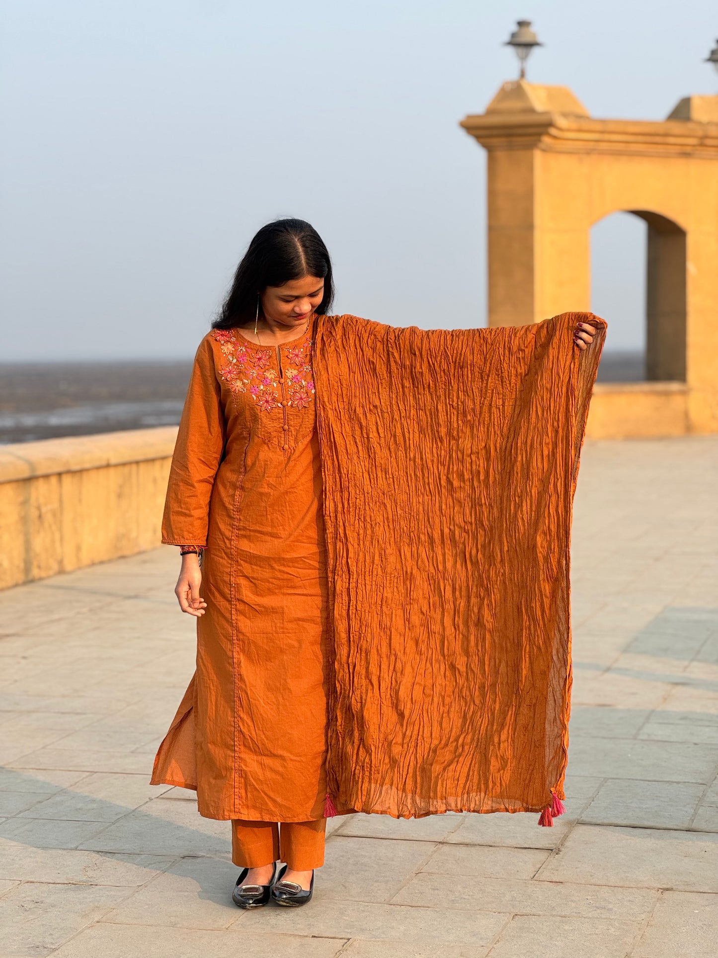 Premium Handwork With Patch Embroidery A-Line Premium Semi-Partywear Cotton Suit.
