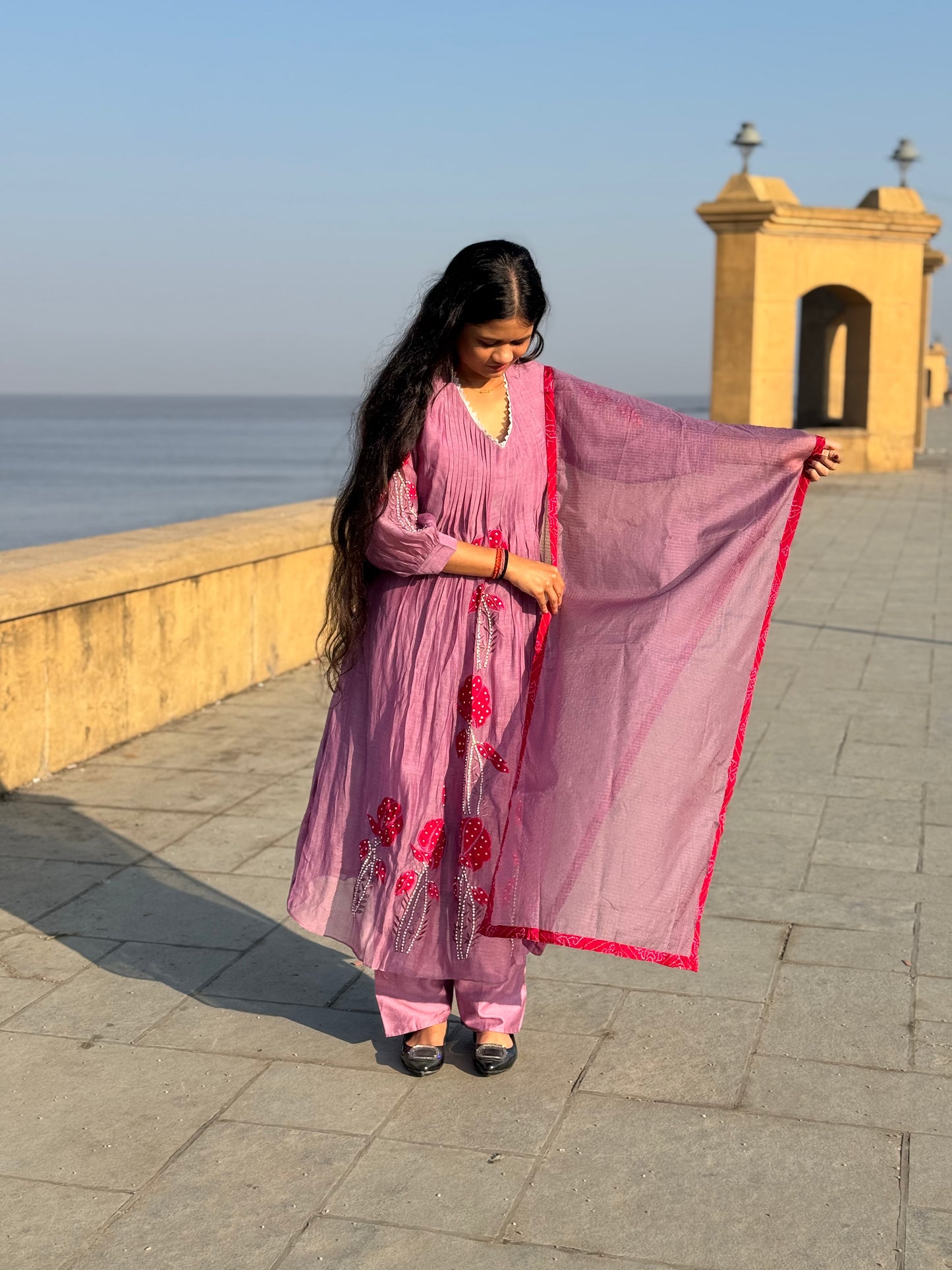 Latest HandWork With Applic Work Premium Mulchanderi Anarkali Party Wear Suit.