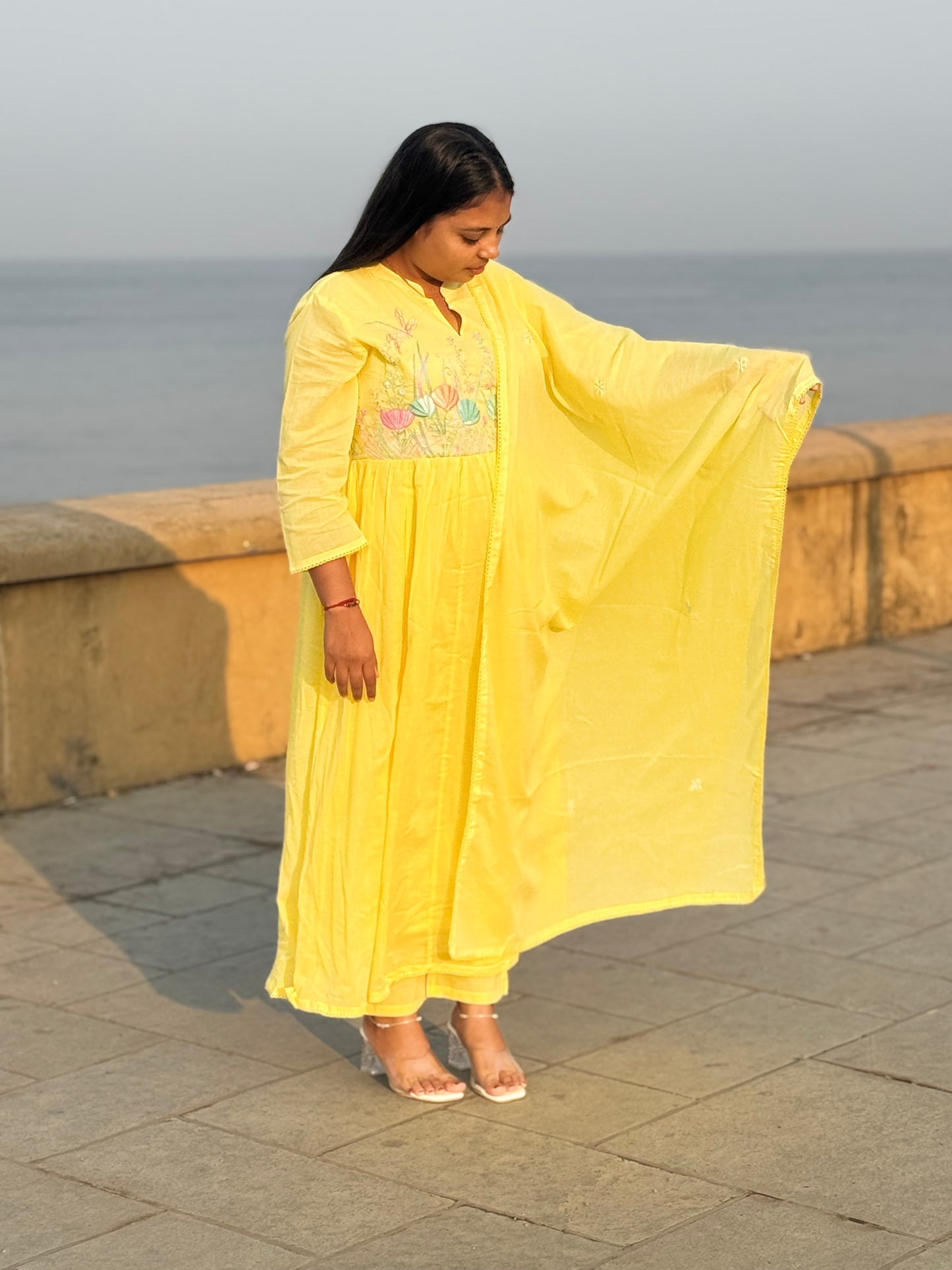 Pure Mull Cotton Yellow Anarkali Ladies Suit