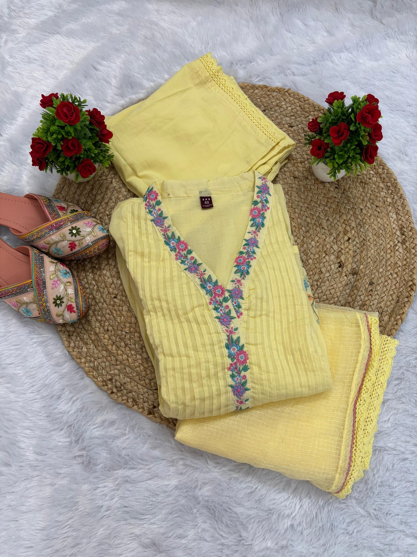 Pure Cotton Heavy Embroidery Yellow Anarkali Suit