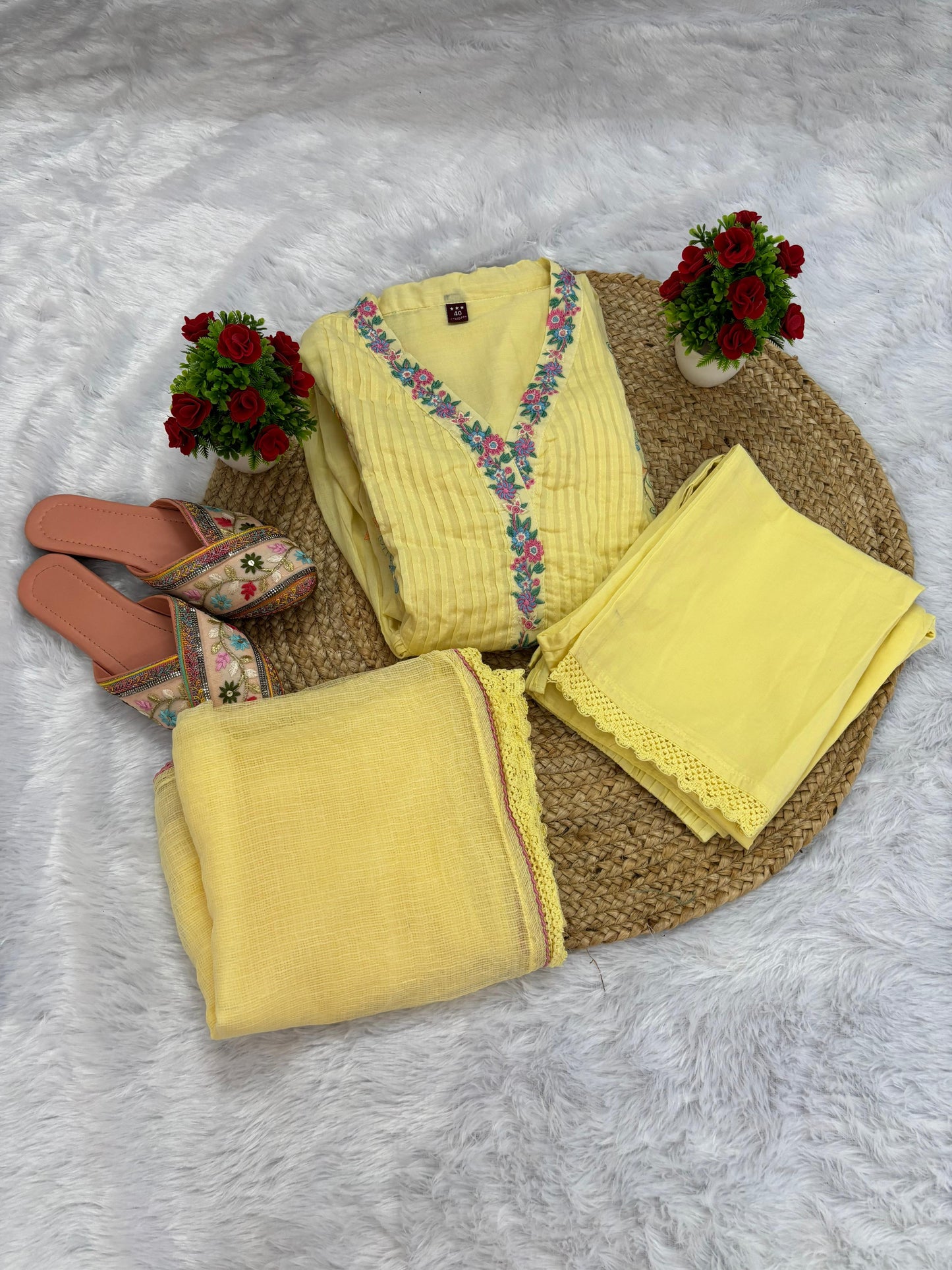 Pure Cotton Heavy Embroidery Yellow Anarkali Suit