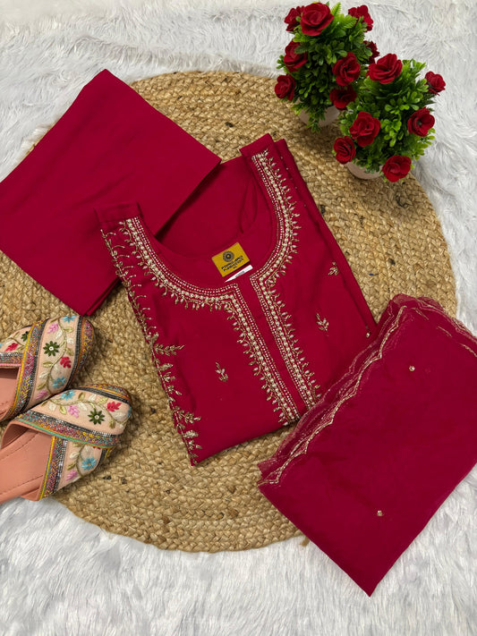 Latest Handwork Dola Silk Hand Embroidery Party Wear Straight Cut Suit.