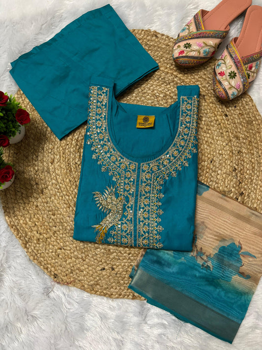 Latest Mulchanderi Peacock Jari Work Straight Cut Party Wear Suit.