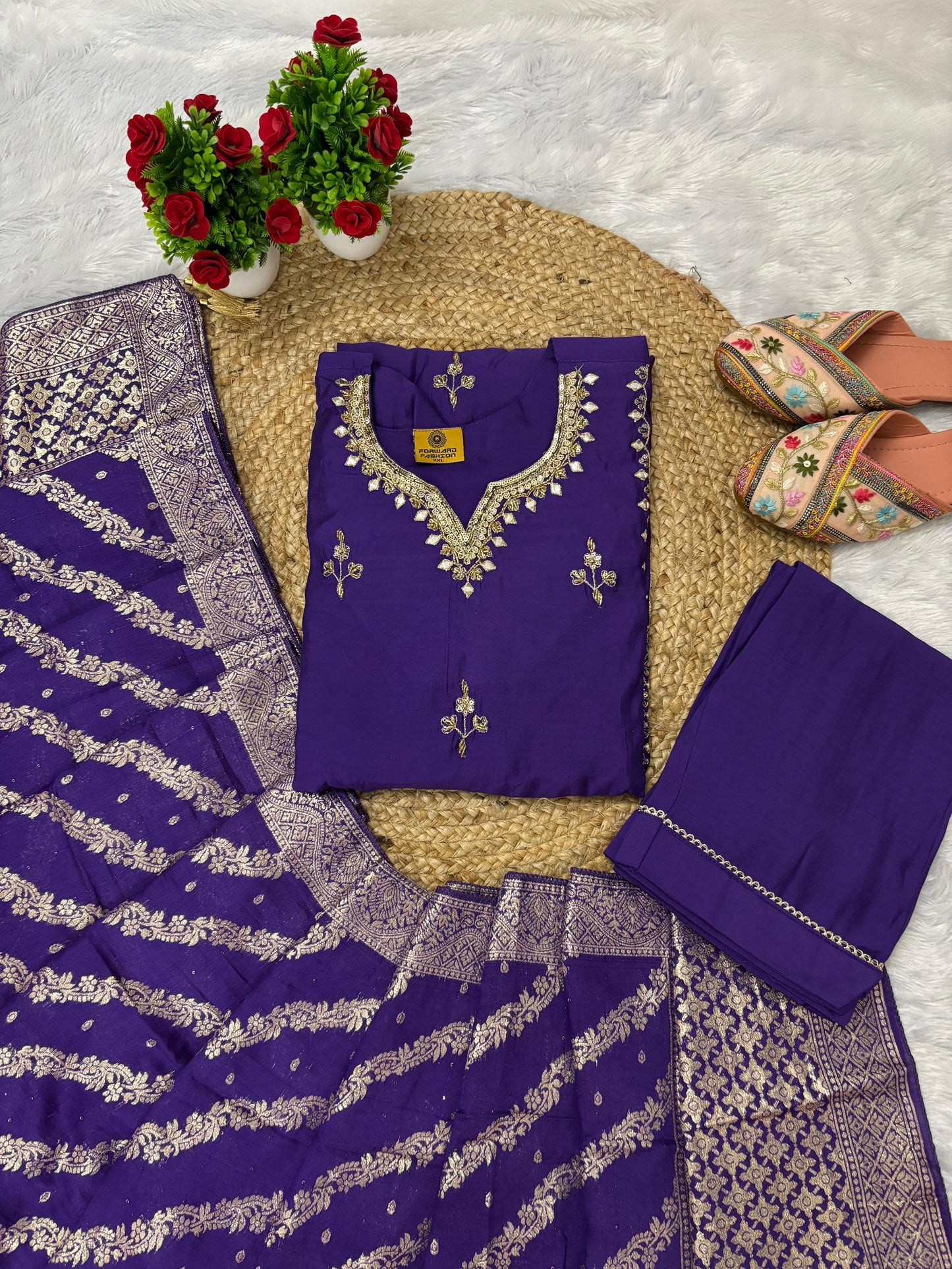 Latest Party Wear Jari Work Suit With Pure Banarasi Duptta.