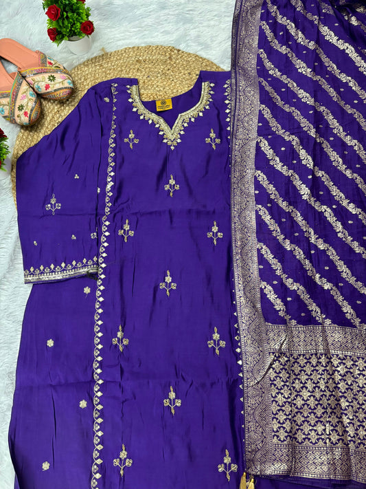 Latest Party Wear Jari Work Suit With Pure Banarasi Duptta.