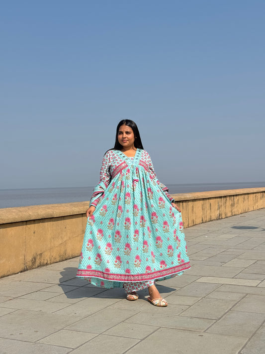 Latest Mirror work  Cotton Flower Print Casual Wear Anarkali Suit.