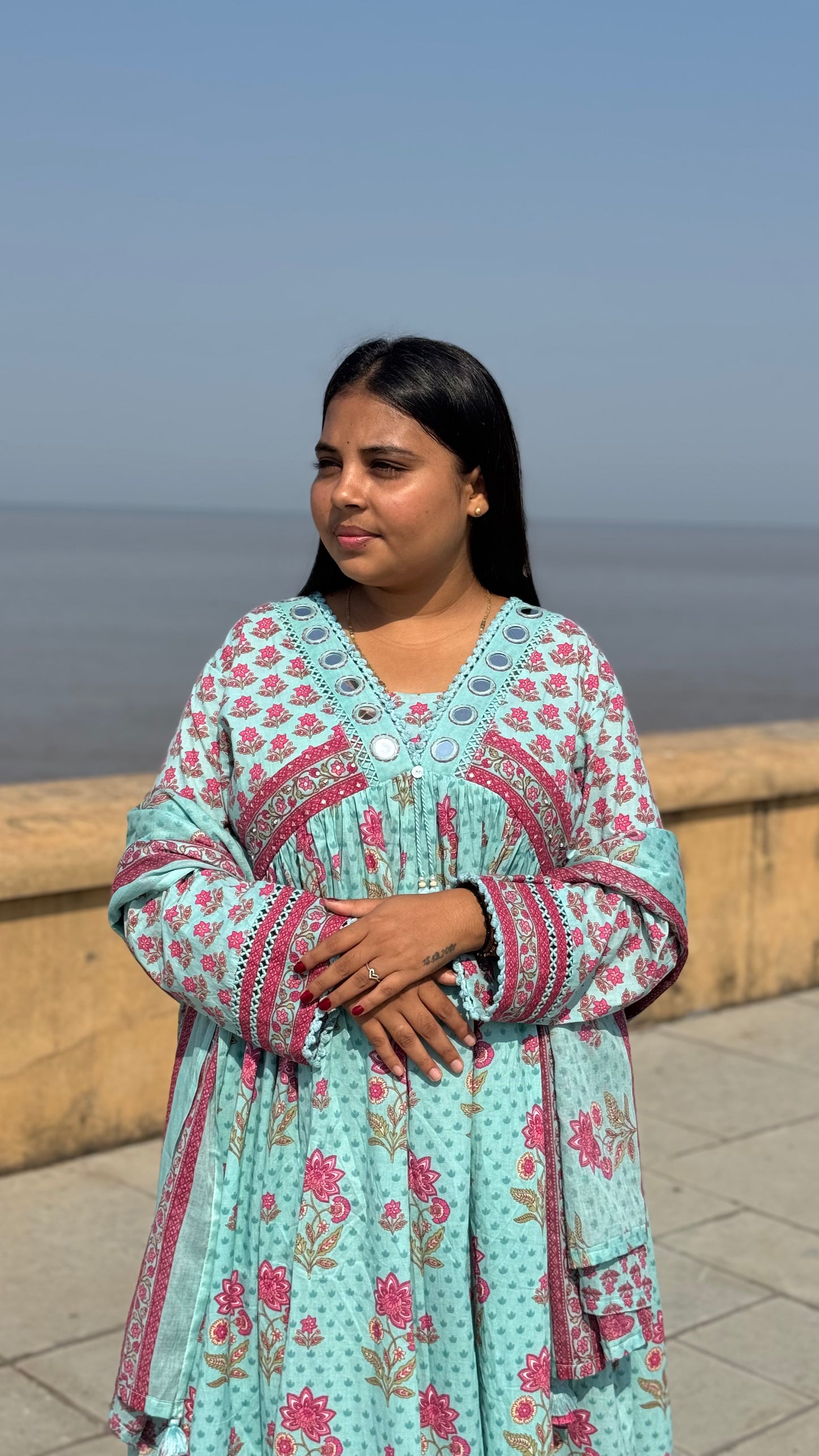 Latest Mirror work  Cotton Flower Print Casual Wear Anarkali Suit.