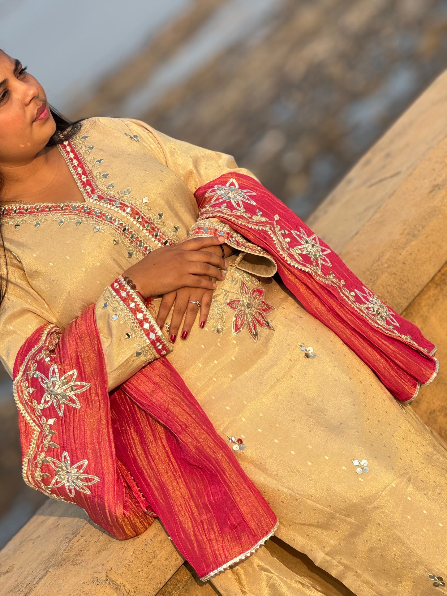 Heavy Lotus Work  Party And Wedding Wear Premium Tissue Silk Suit .