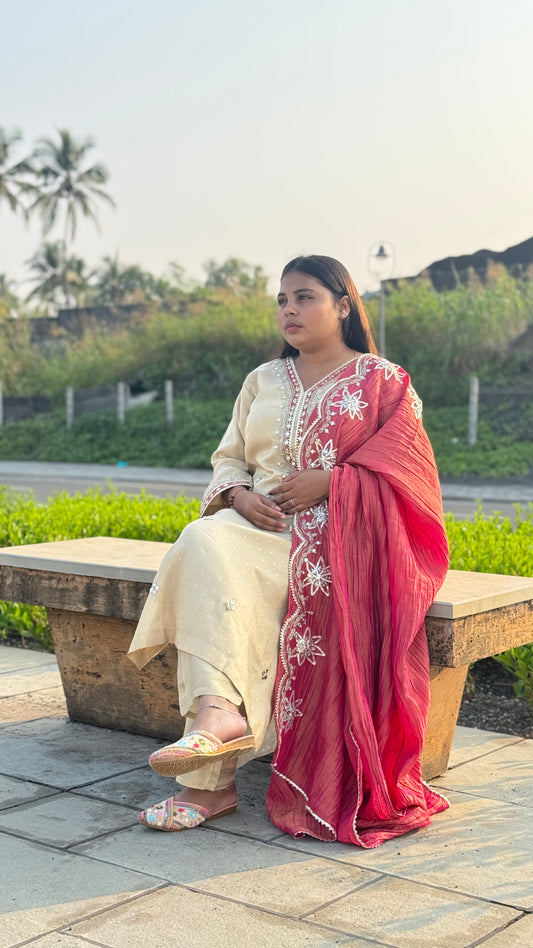 Heavy Lotus Work  Party And Wedding Wear Premium Tissue Silk Suit .