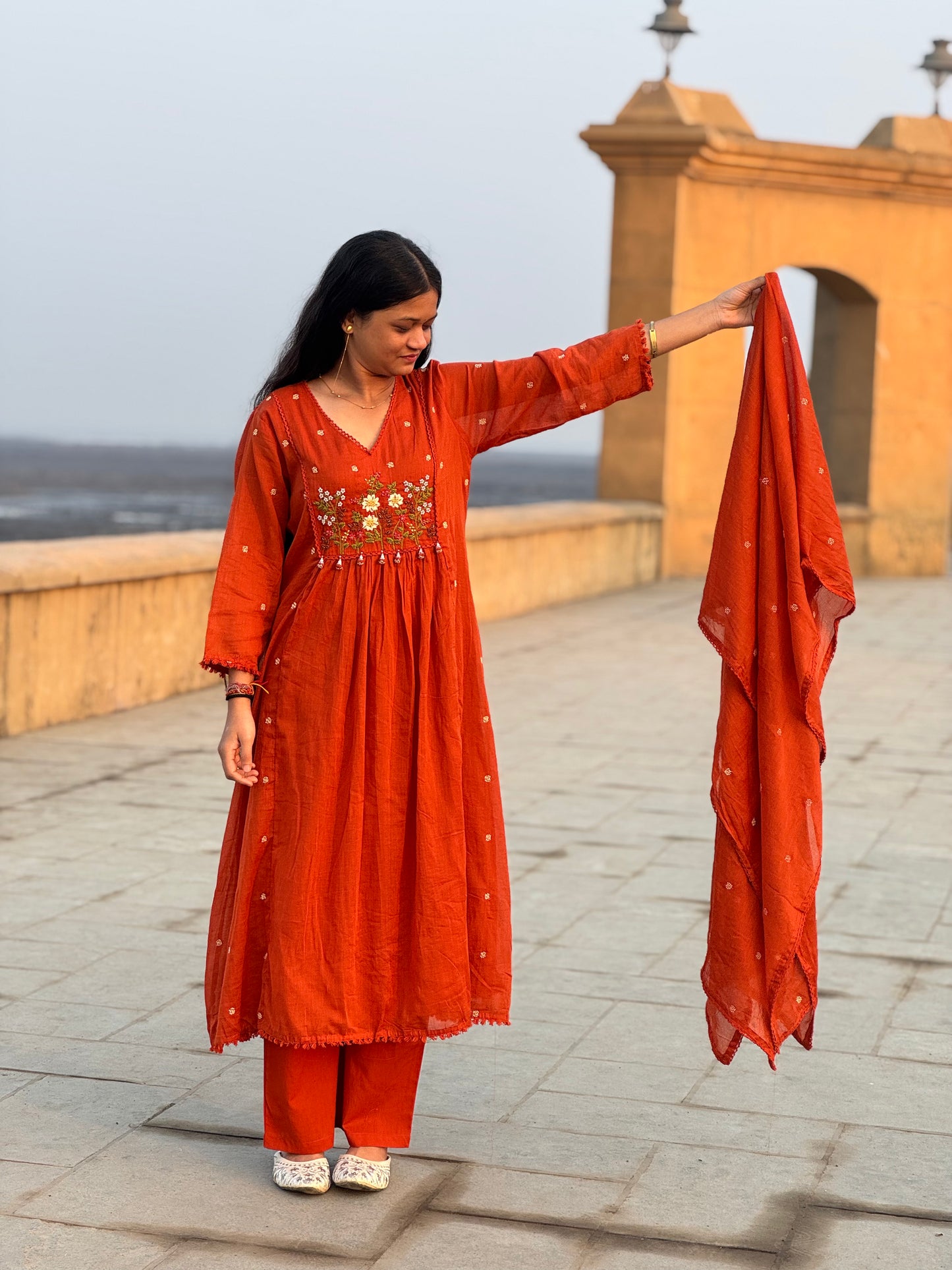 Latest Handwork Mull Cotton Semi-Party Wear Anarkali Suit.