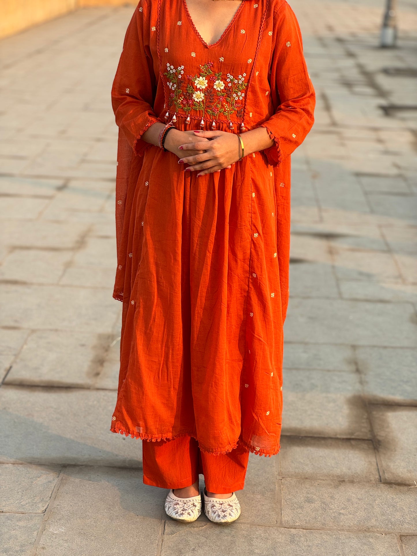 Latest Handwork Mull Cotton Semi-Party Wear Anarkali Suit.