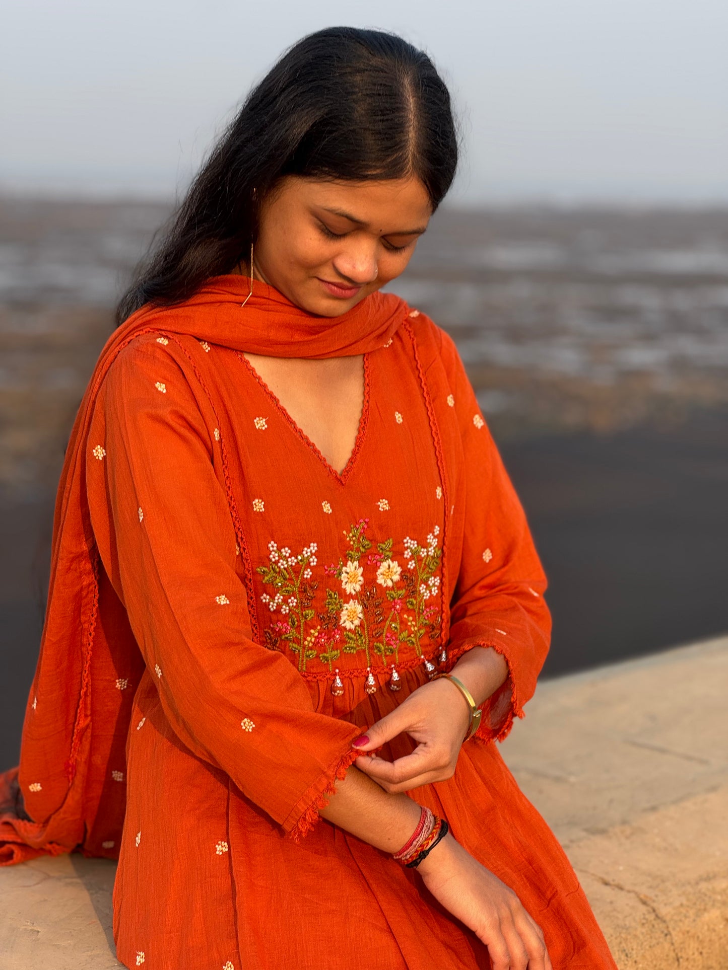 Latest Handwork Mull Cotton Semi-Party Wear Anarkali Suit.