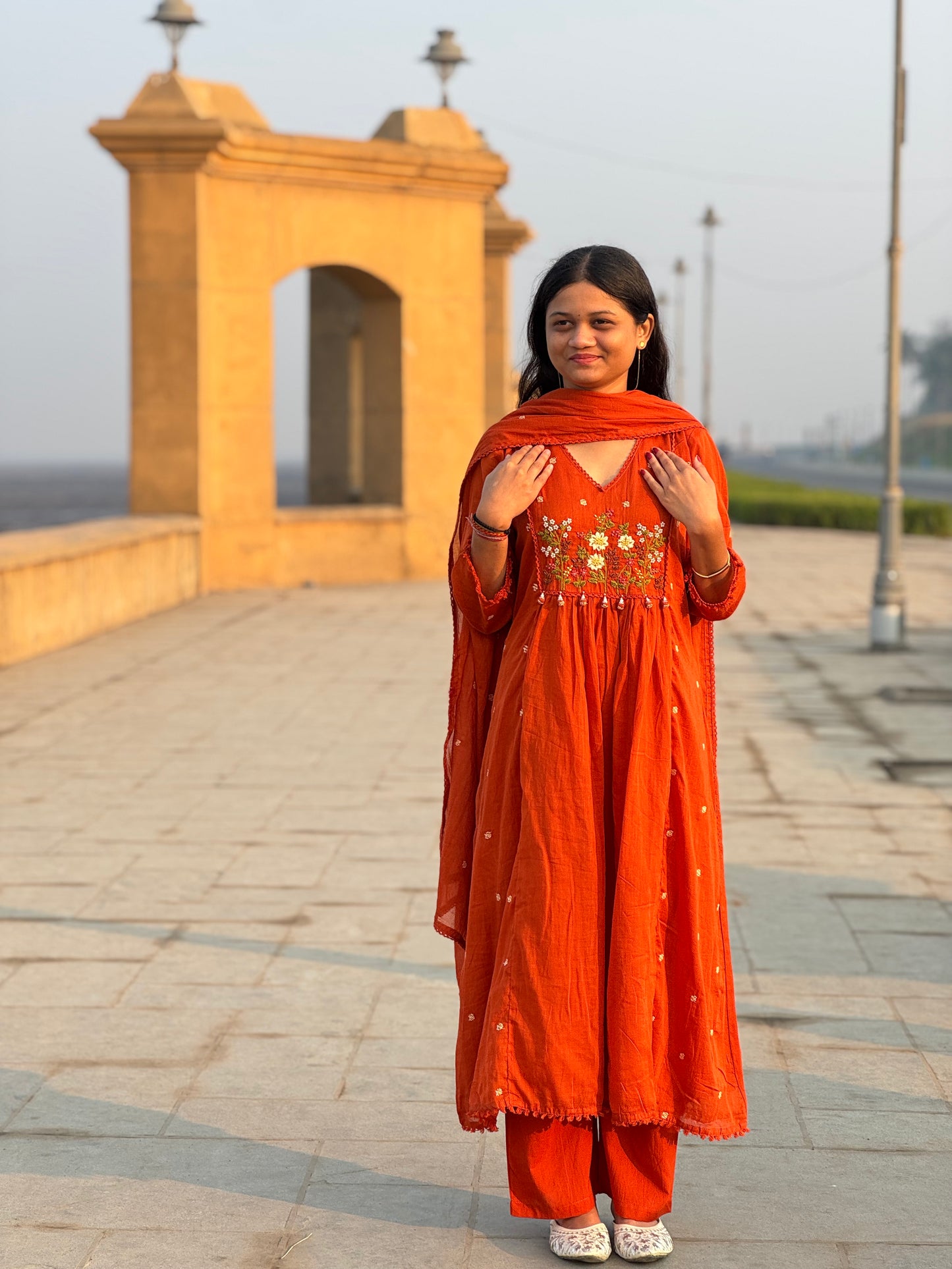 Latest Handwork Mull Cotton Semi-Party Wear Anarkali Suit.