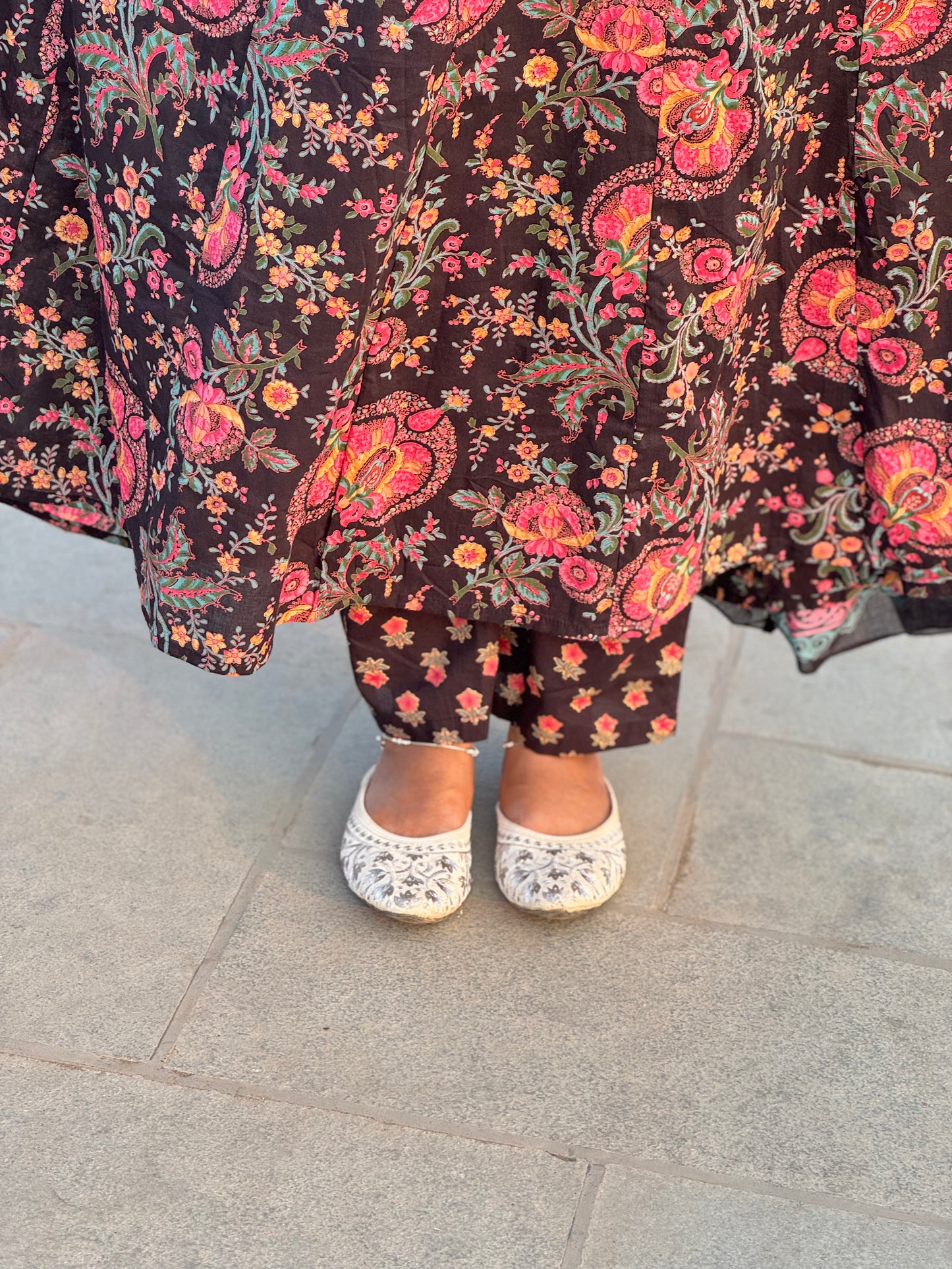 Floral Printed  Black Anarkali Premium  Semi-Partywear Cotton Suit.