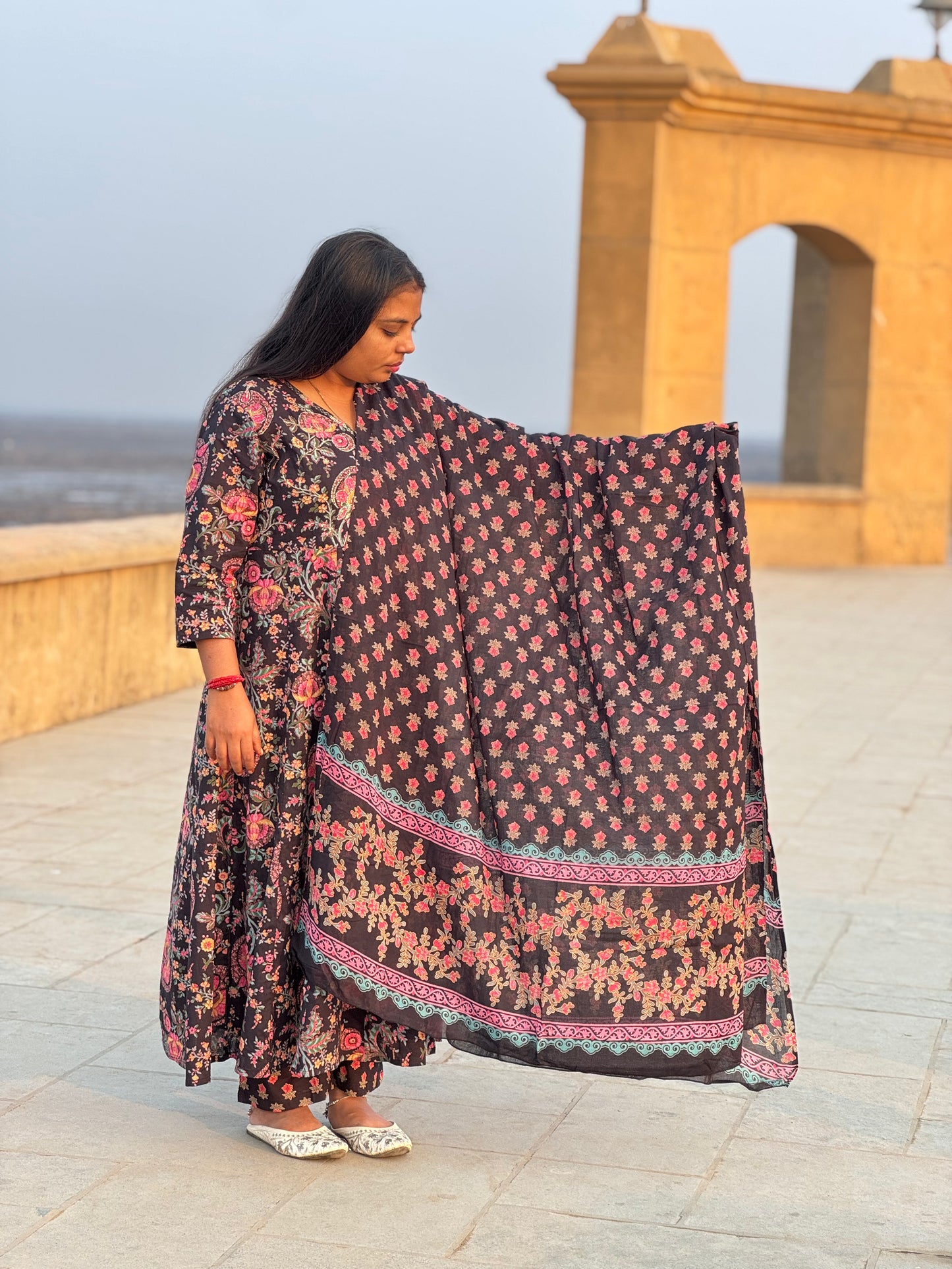 Floral Printed  Black Anarkali Premium  Semi-Partywear Cotton Suit.