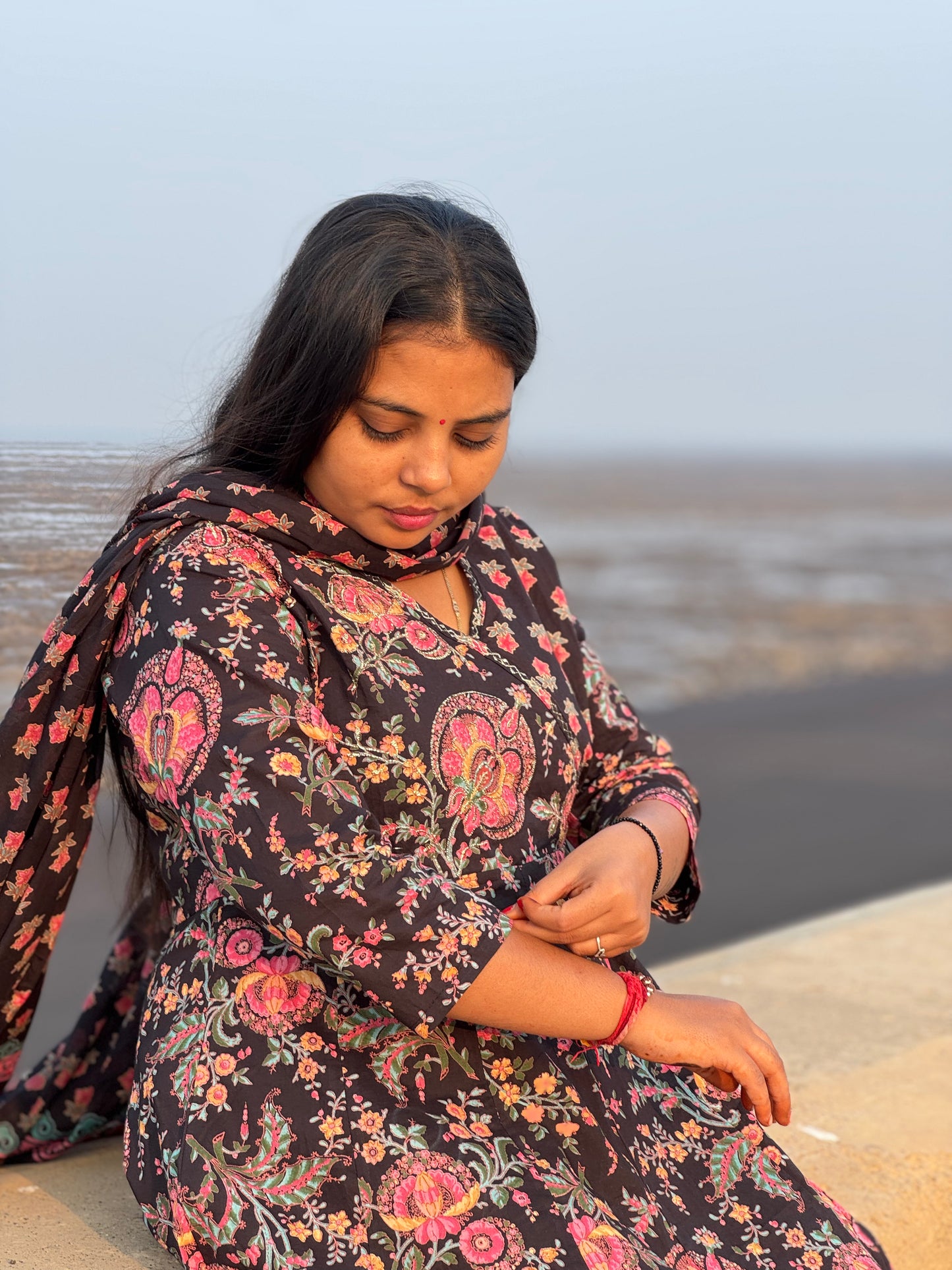 Floral Printed  Black Anarkali Premium  Semi-Partywear Cotton Suit.