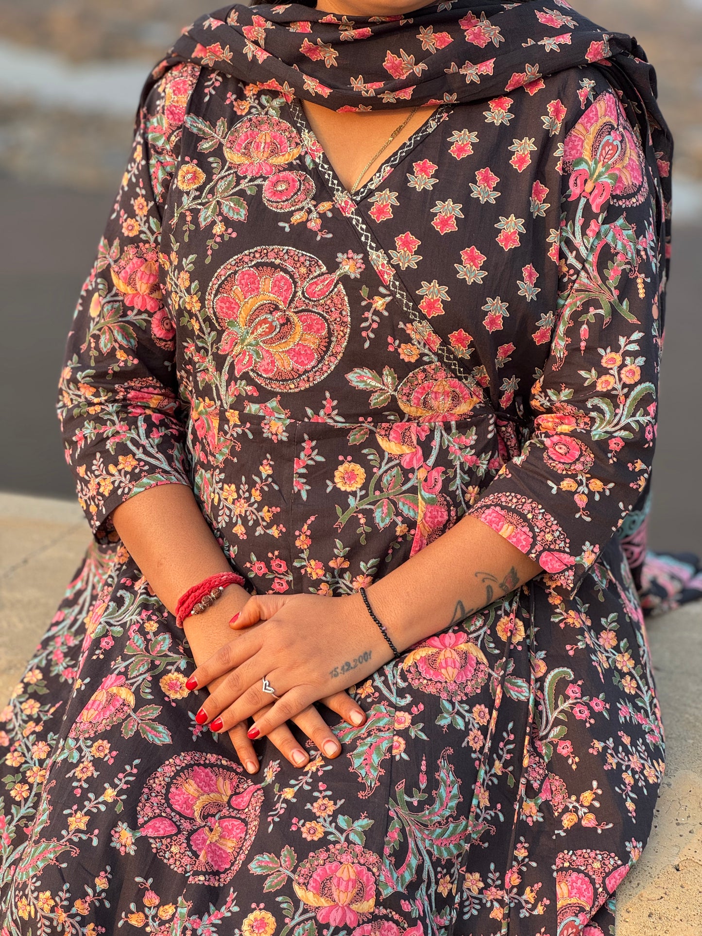 Floral Printed  Black Anarkali Premium  Semi-Partywear Cotton Suit.