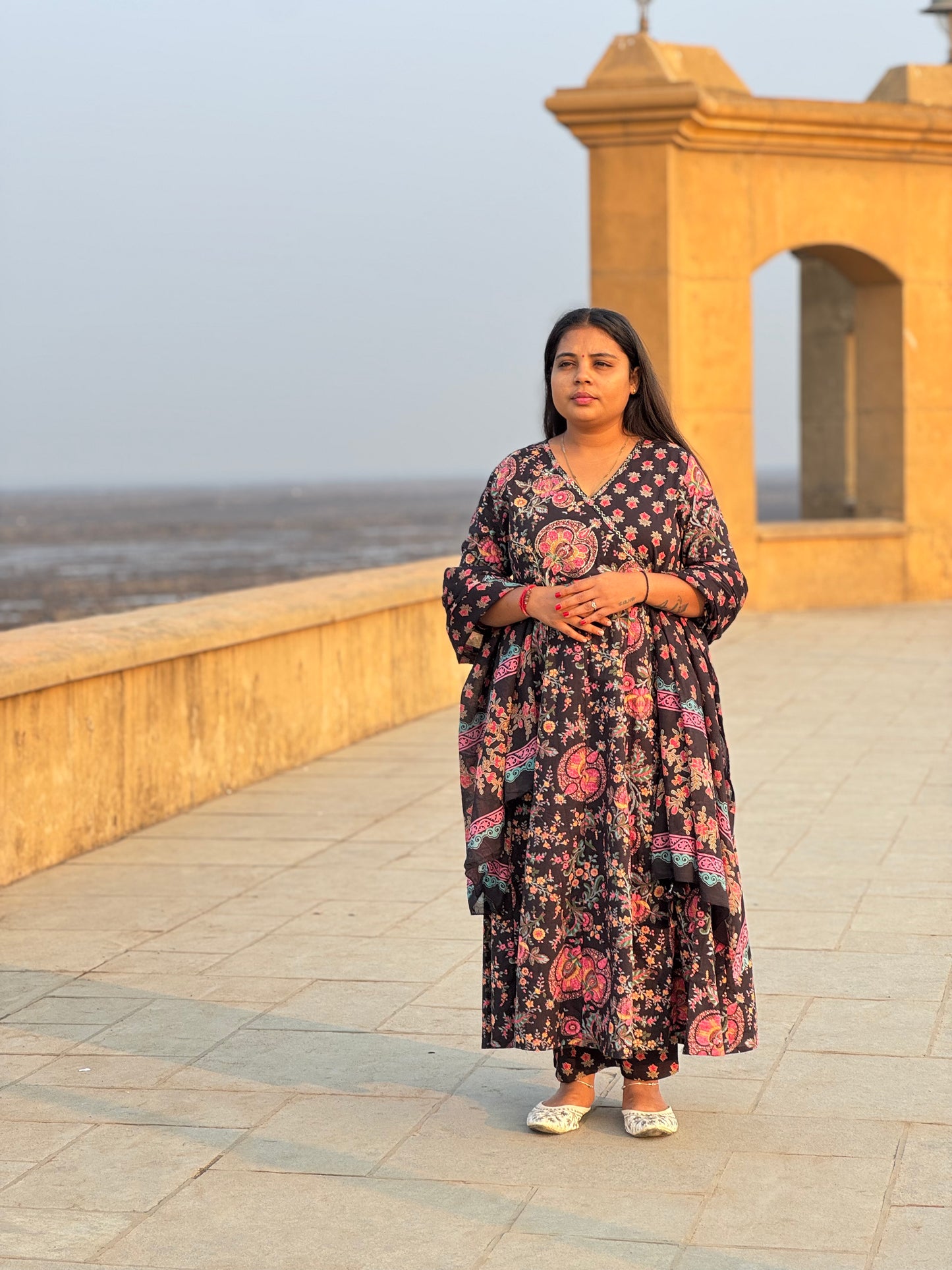Floral Printed  Black Anarkali Premium  Semi-Partywear Cotton Suit.