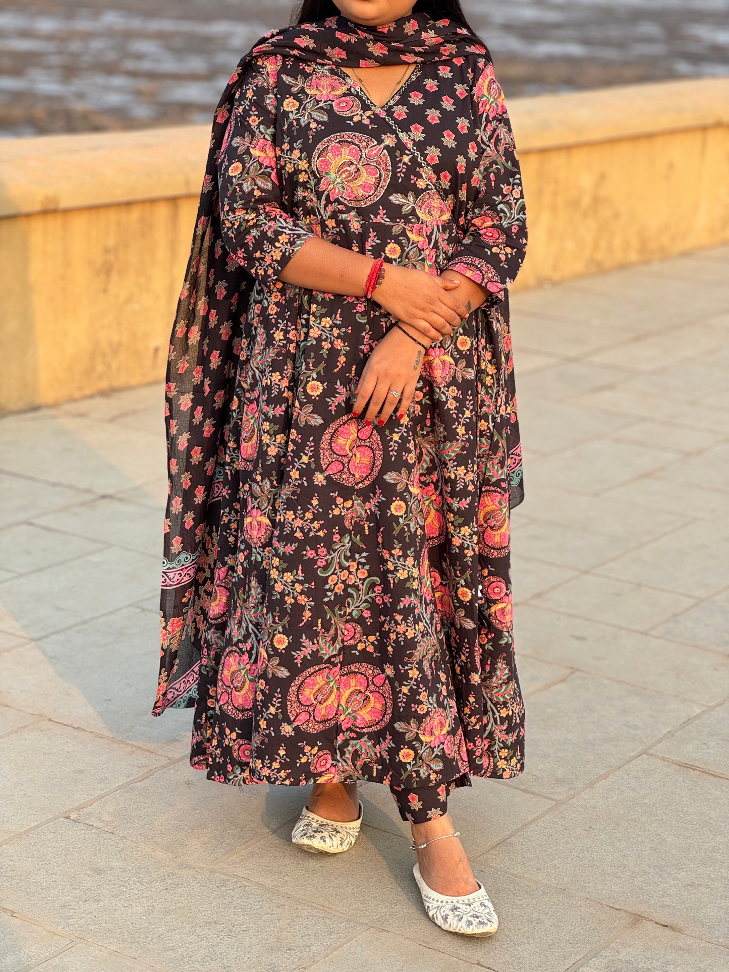 Floral Printed  Black Anarkali Premium  Semi-Partywear Cotton Suit.