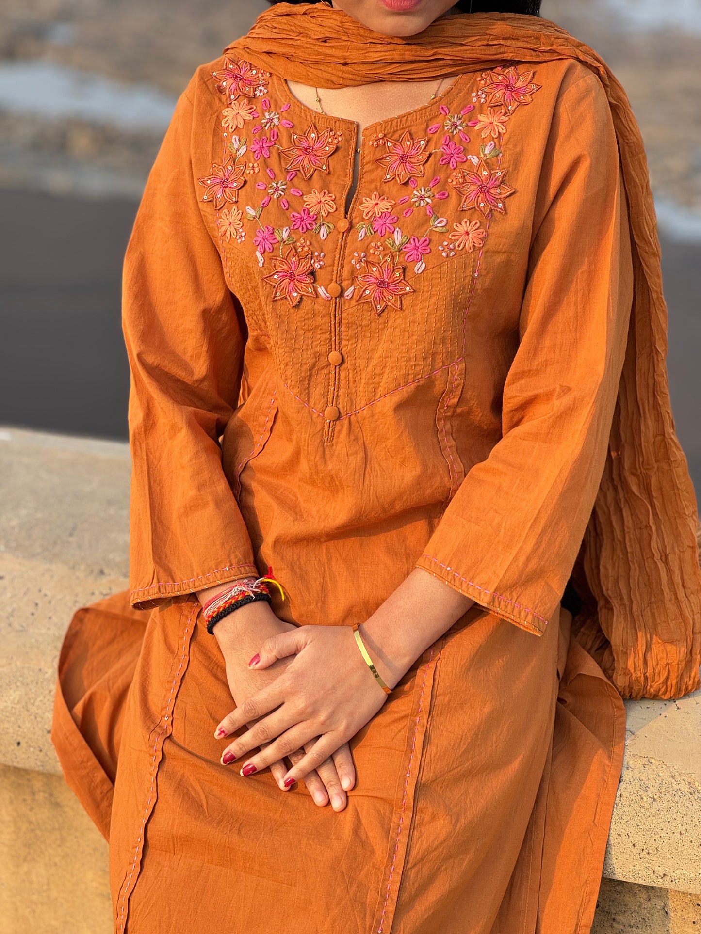 Premium Handwork With Patch Embroidery A-Line Premium Semi-Partywear Cotton Suit.