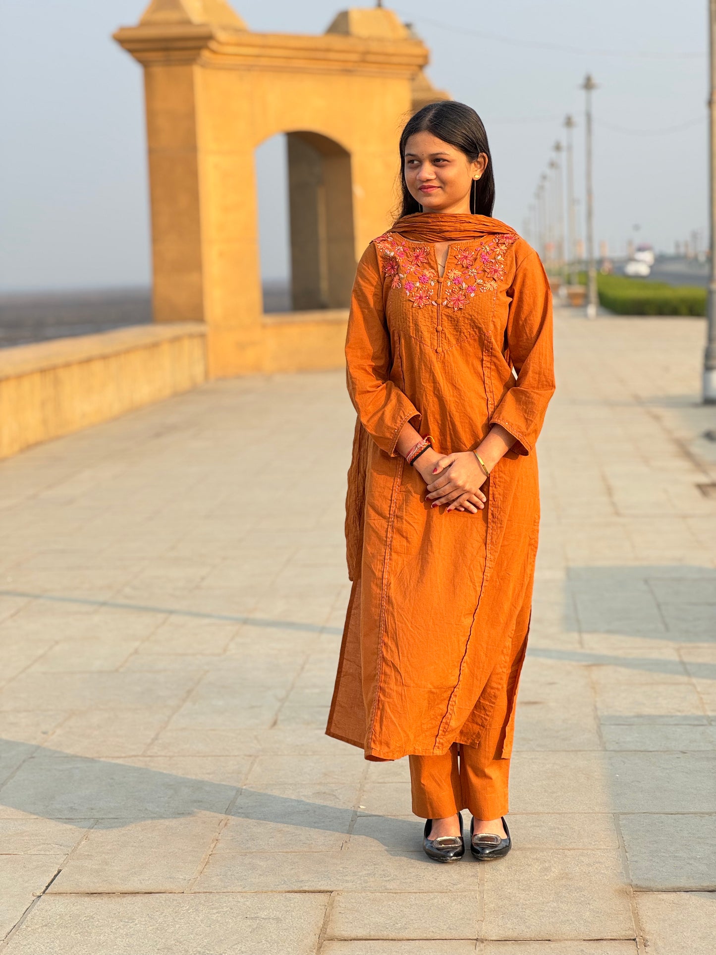 Premium Handwork With Patch Embroidery A-Line Premium Semi-Partywear Cotton Suit.