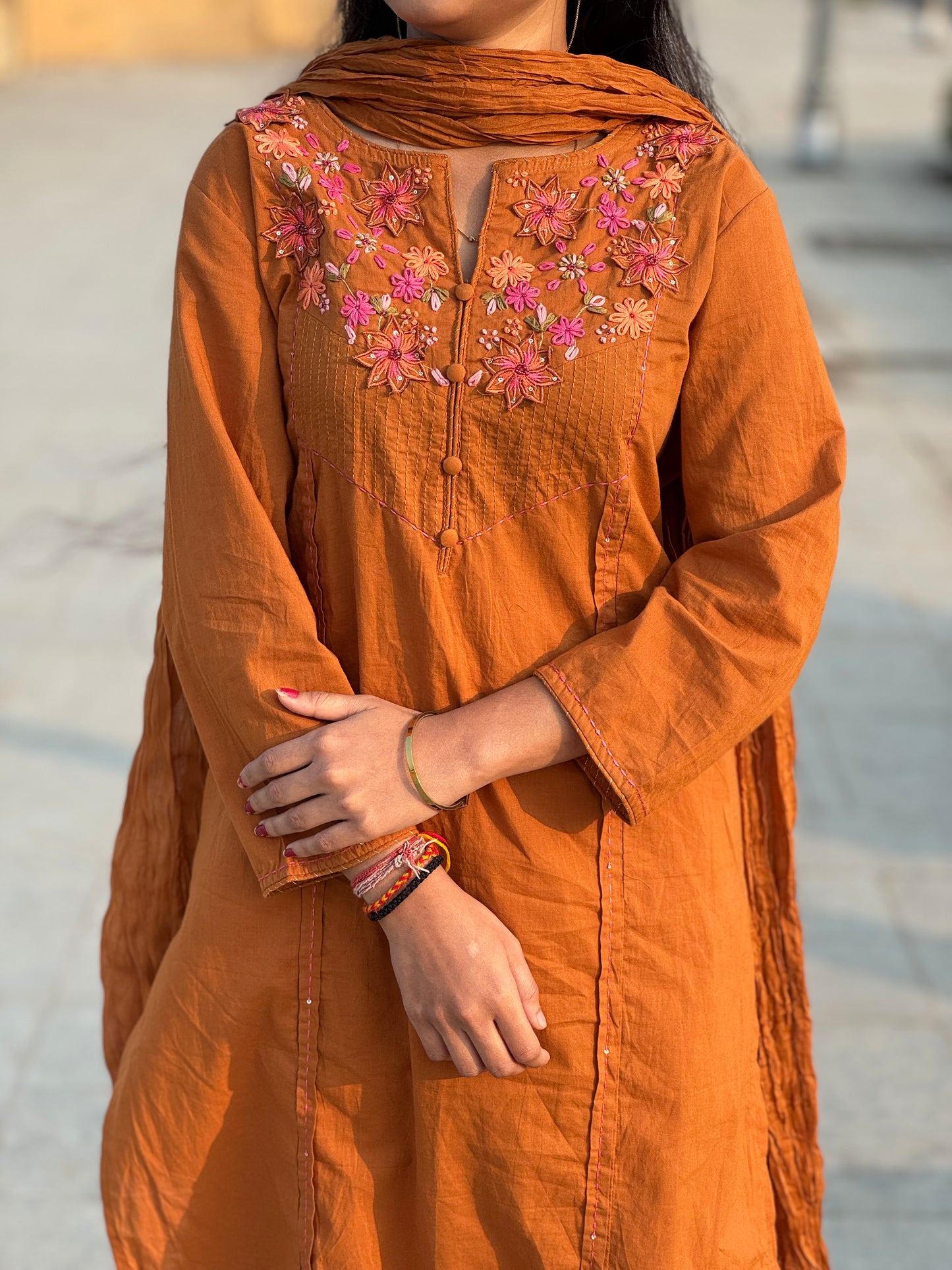 Premium Handwork With Patch Embroidery A-Line Premium Semi-Partywear Cotton Suit.