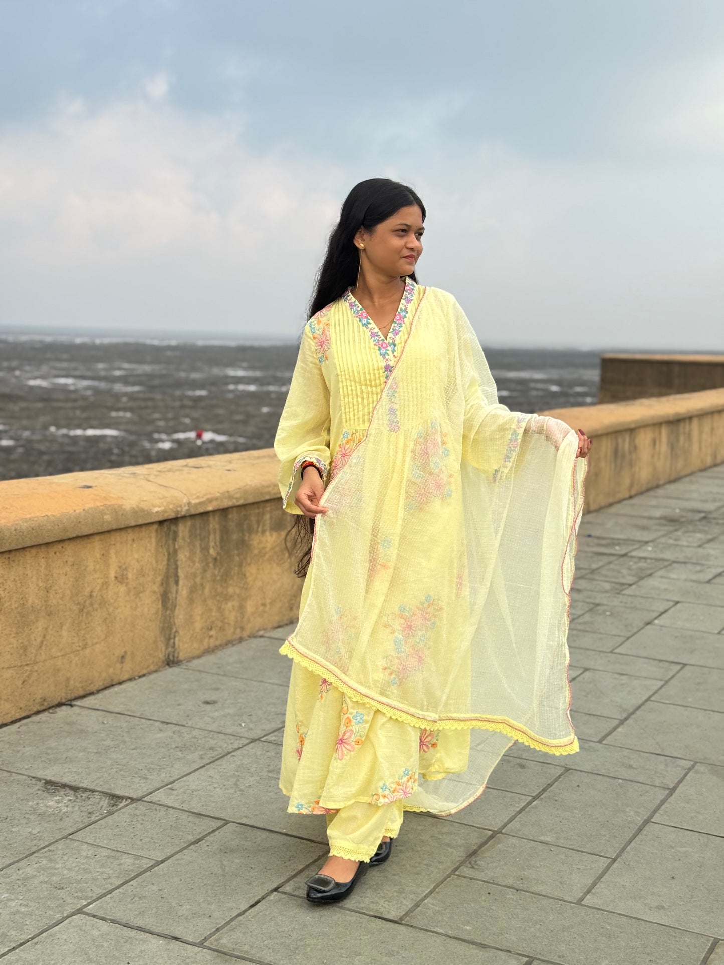 Pure Cotton Heavy Embroidery Yellow Anarkali Suit