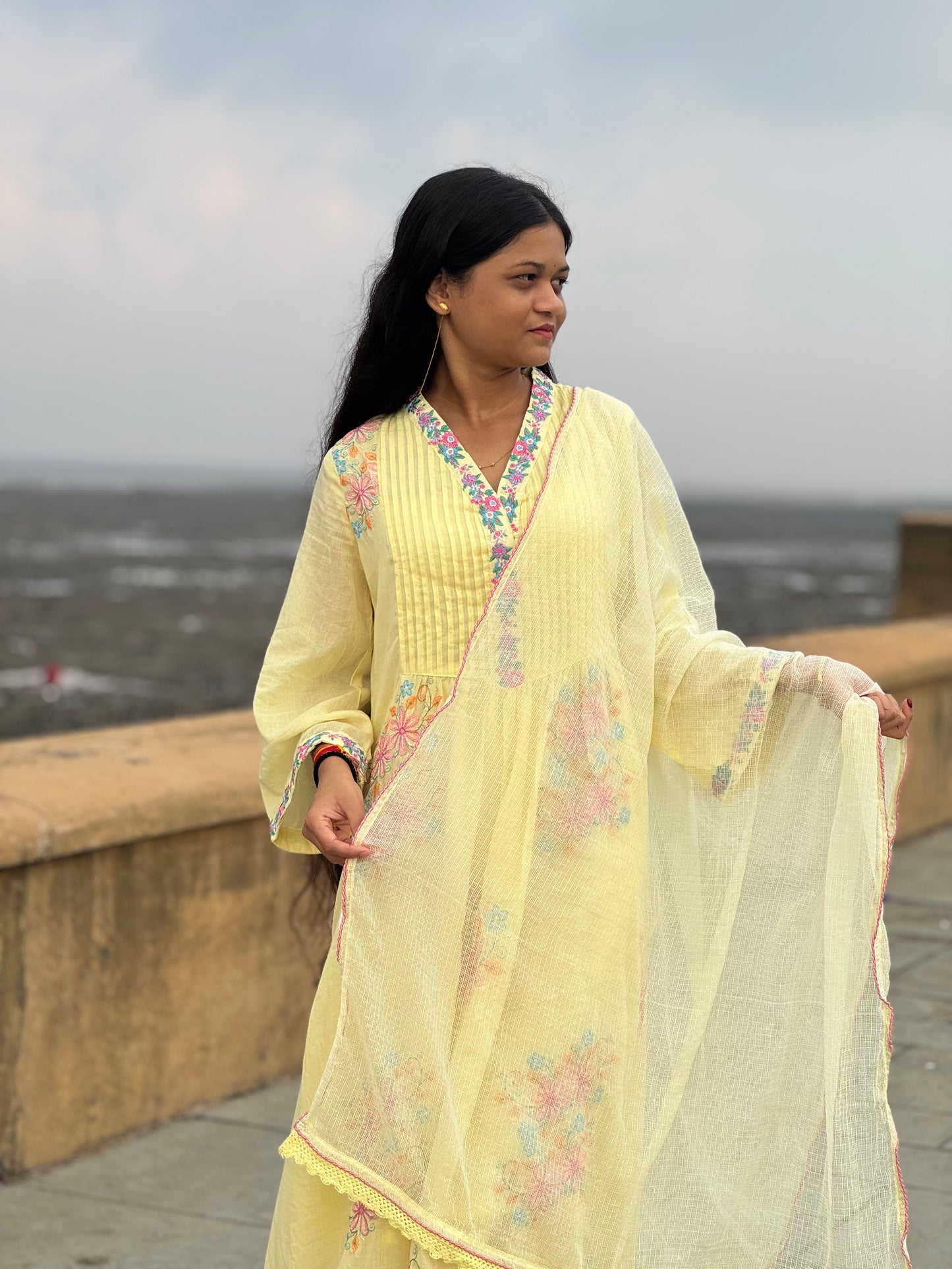 Pure Cotton Heavy Embroidery Yellow Anarkali Suit