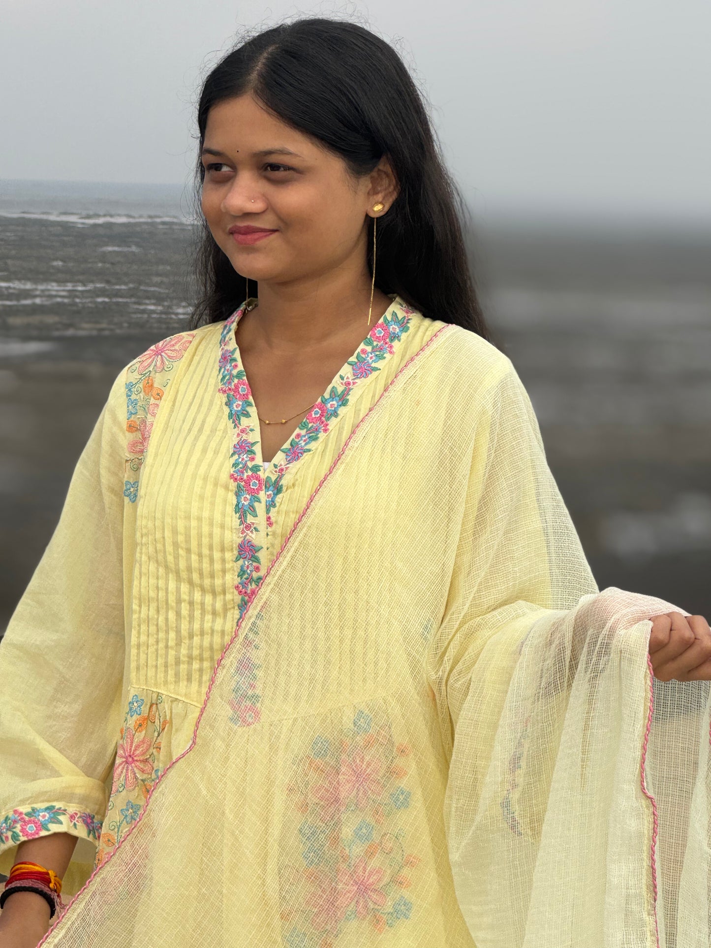 Pure Cotton Heavy Embroidery Yellow Anarkali Suit