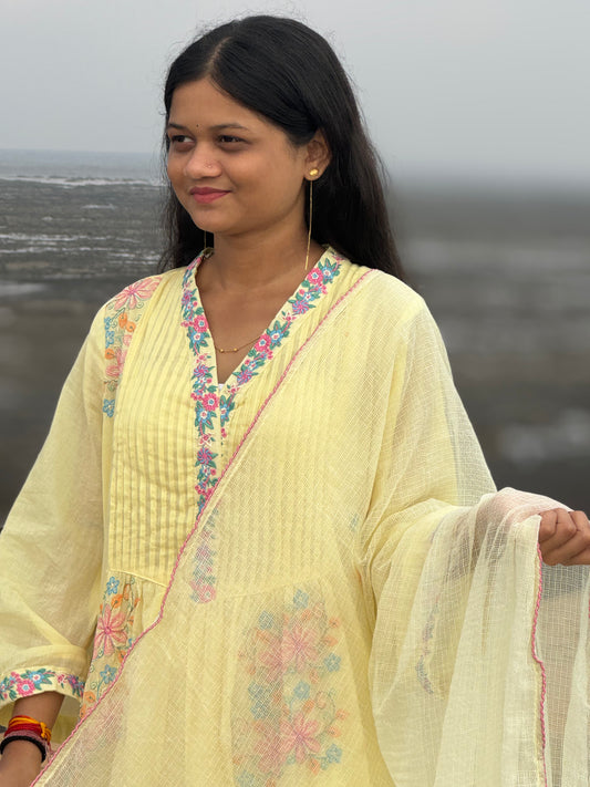 Pure Cotton Heavy Embroidery Yellow Anarkali Suit