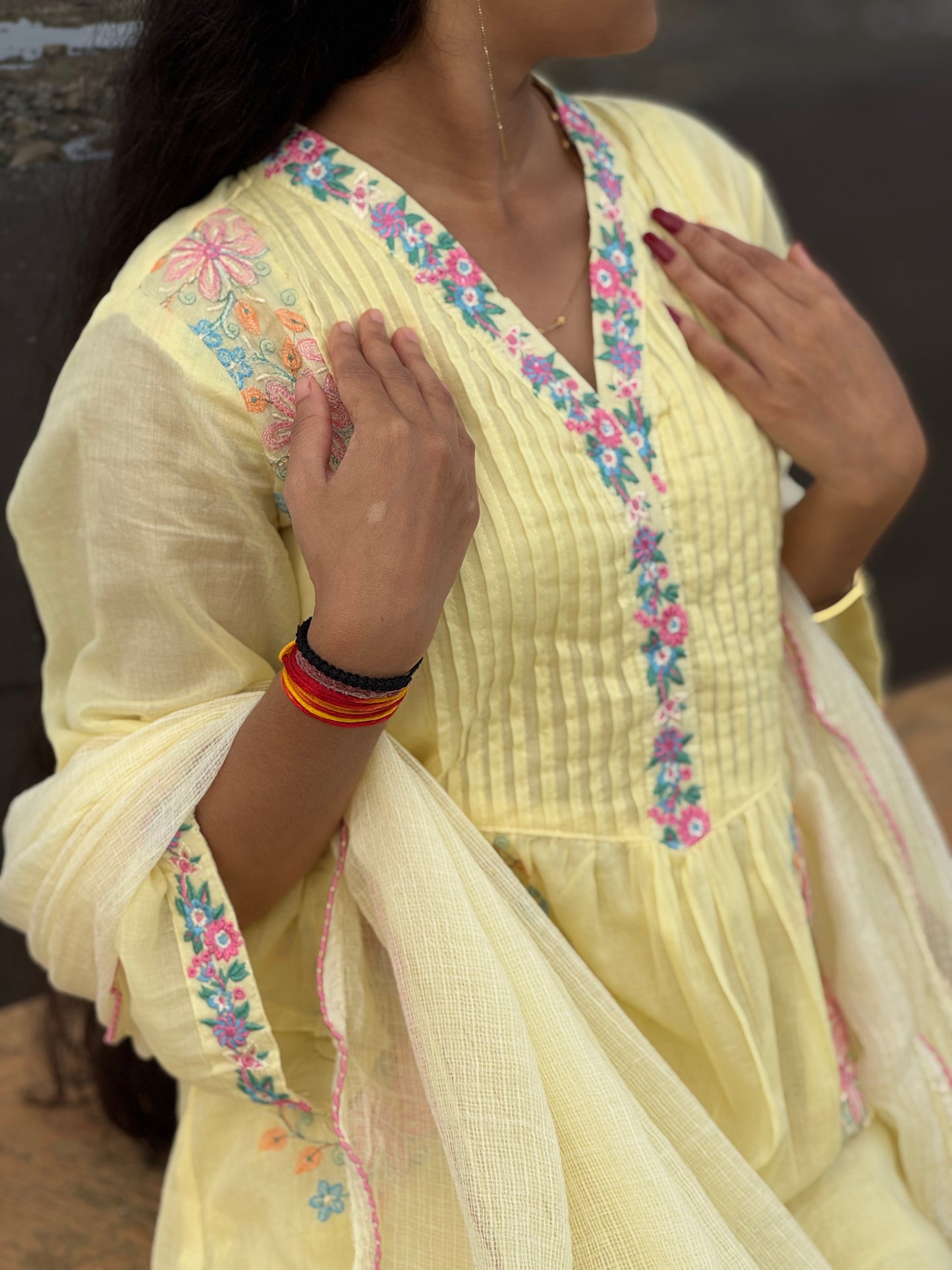 Pure Cotton Heavy Embroidery Yellow Anarkali Suit