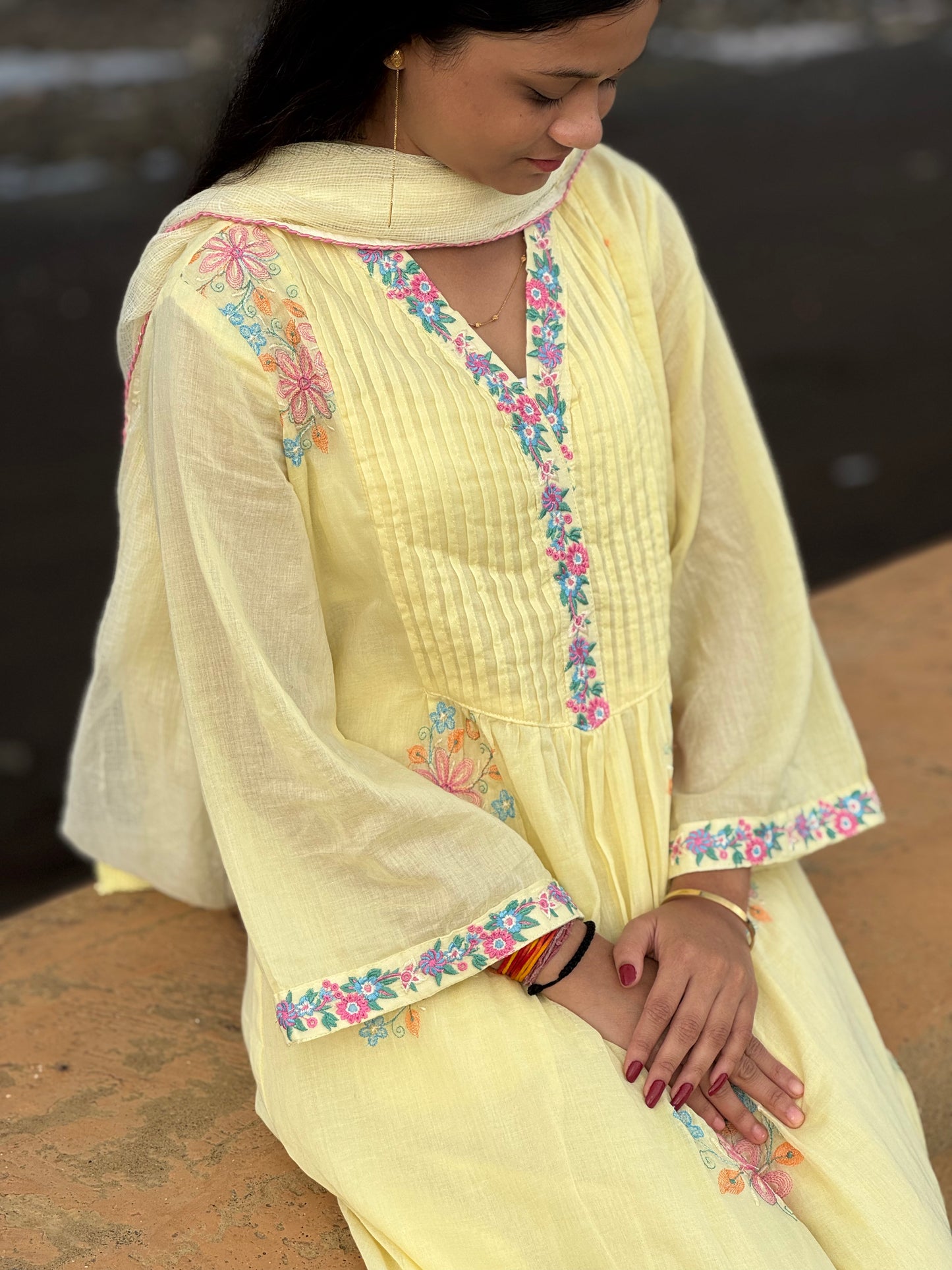 Pure Cotton Heavy Embroidery Yellow Anarkali Suit