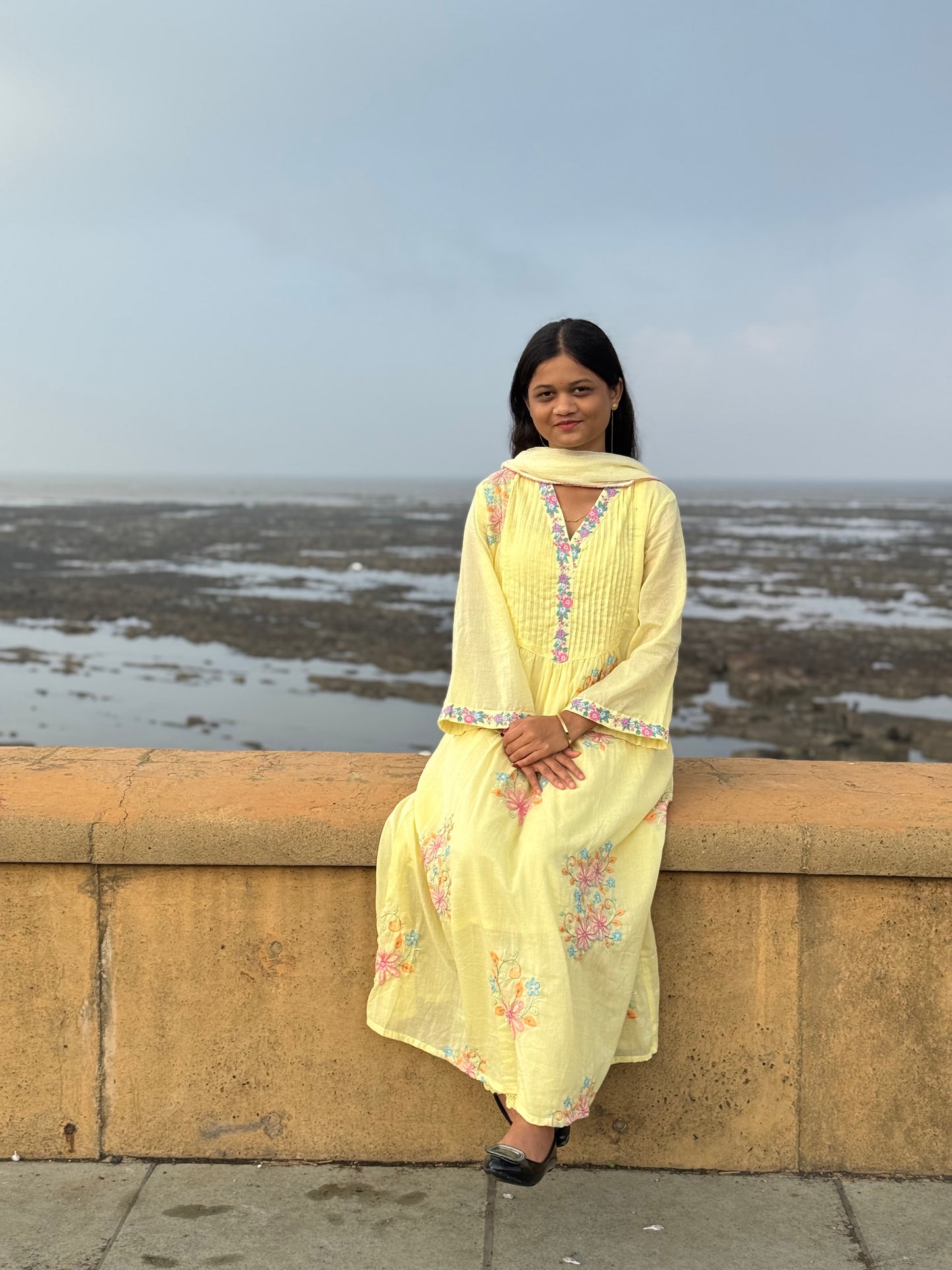 Pure Cotton Heavy Embroidery Yellow Anarkali Suit