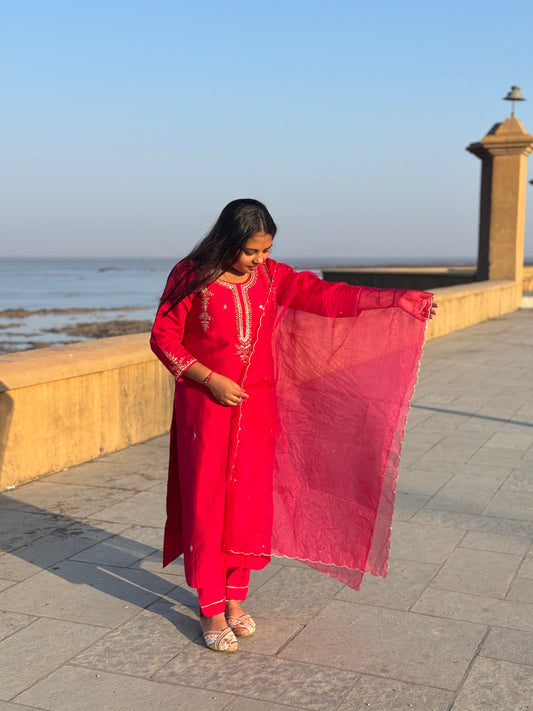 Latest Handwork Dola Silk Hand Embroidery Party Wear Straight Cut Suit.