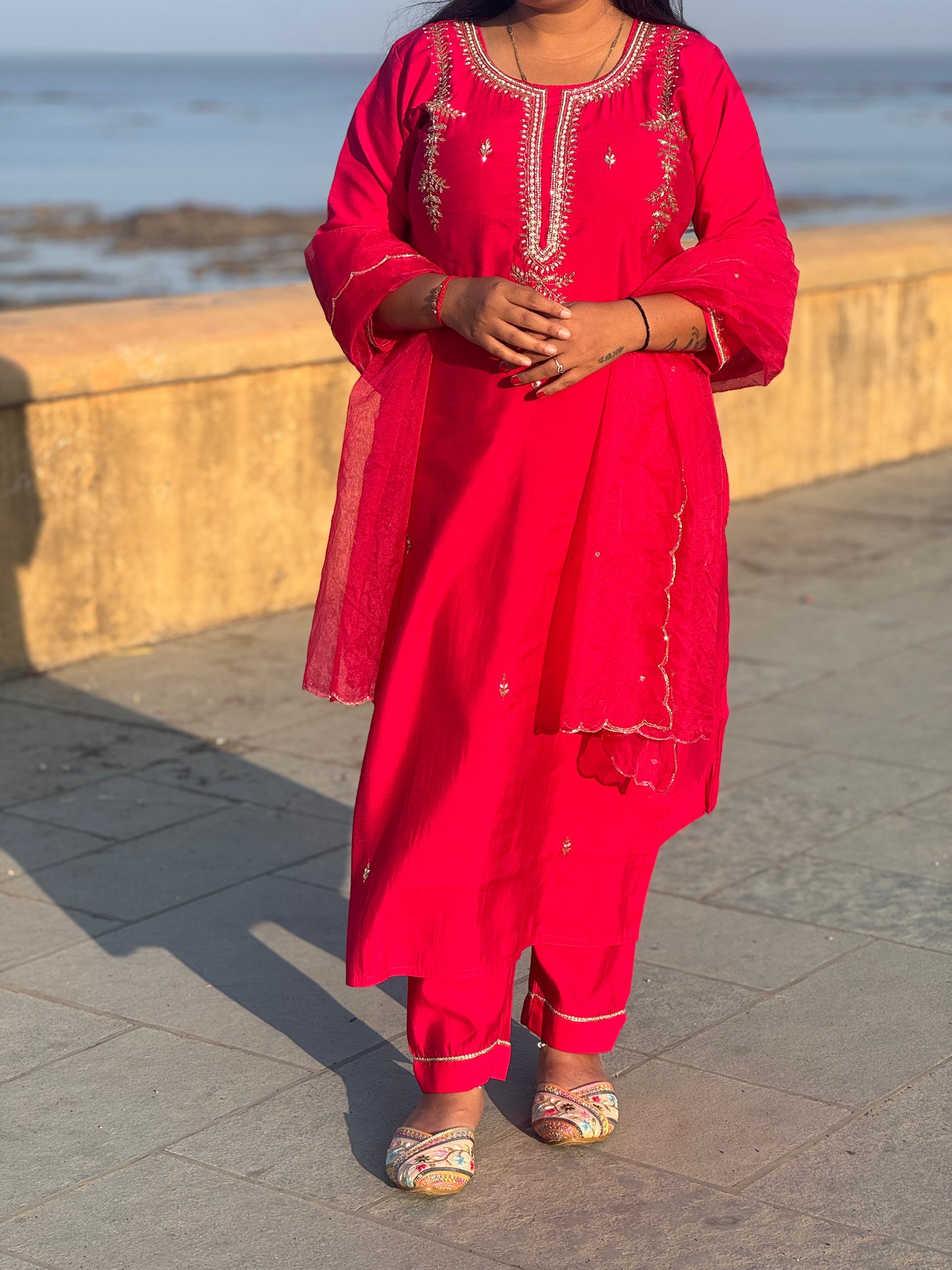 Latest Handwork Dola Silk Hand Embroidery Party Wear Straight Cut Suit.