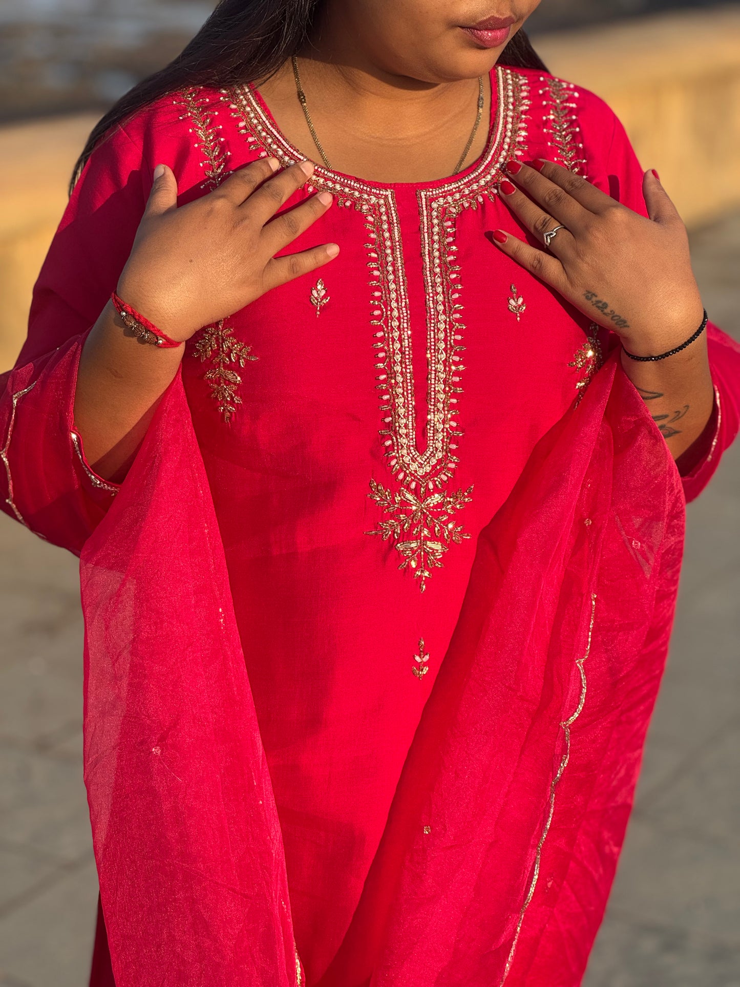 Latest Handwork Dola Silk Hand Embroidery Party Wear Straight Cut Suit.