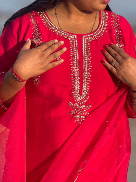 Latest Handwork Dola Silk Hand Embroidery Party Wear Straight Cut Suit.