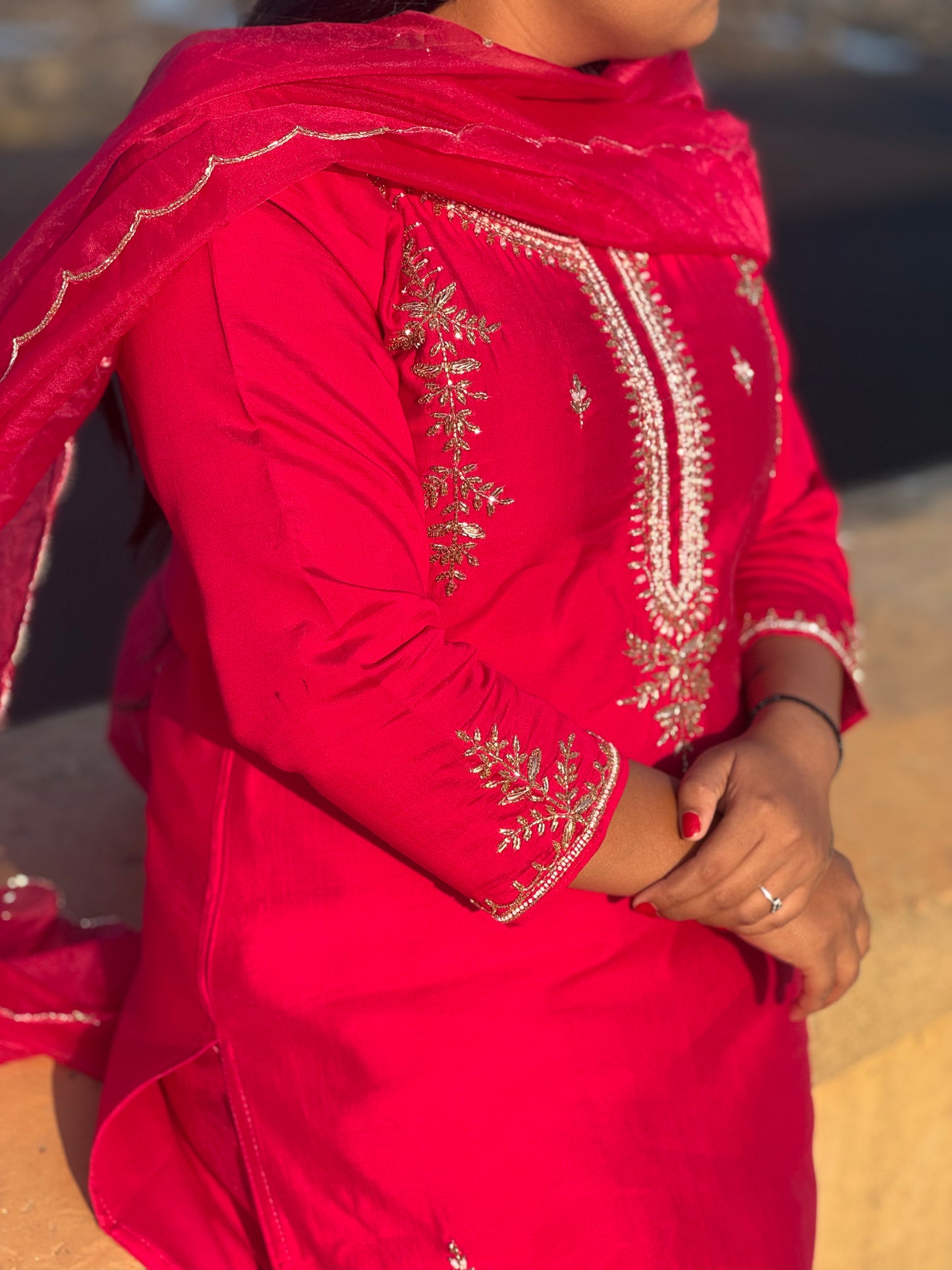 Latest Handwork Dola Silk Hand Embroidery Party Wear Straight Cut Suit.
