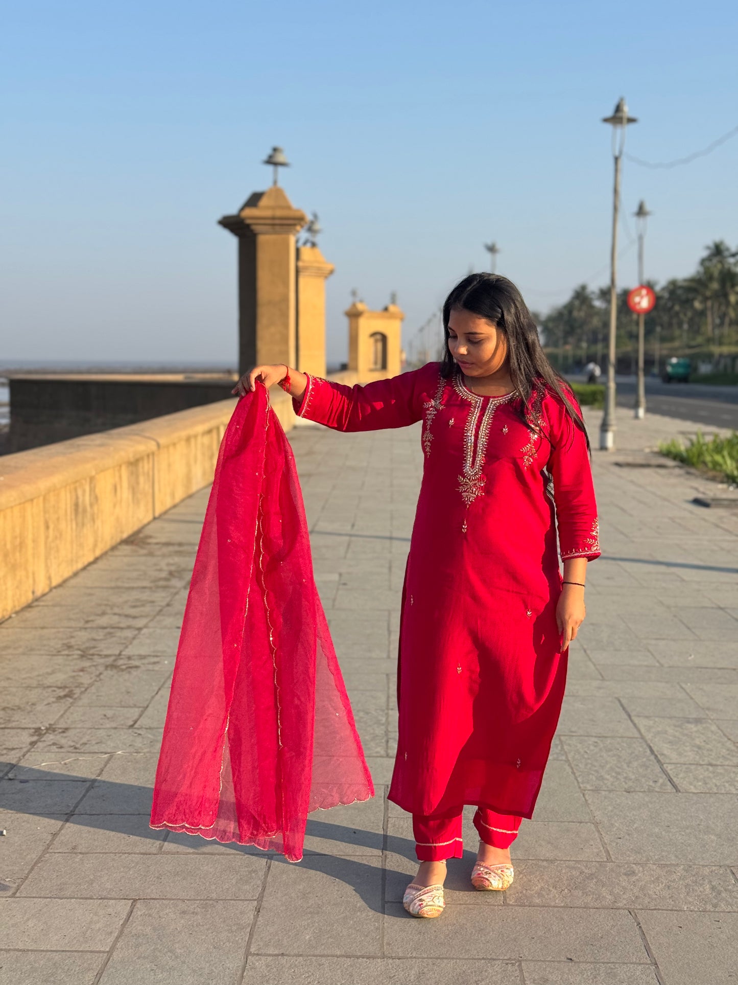 Latest Handwork Dola Silk Hand Embroidery Party Wear Straight Cut Suit.