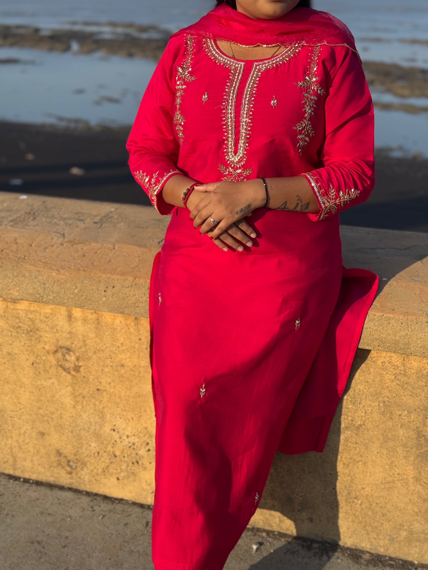 Latest Handwork Dola Silk Hand Embroidery Party Wear Straight Cut Suit.
