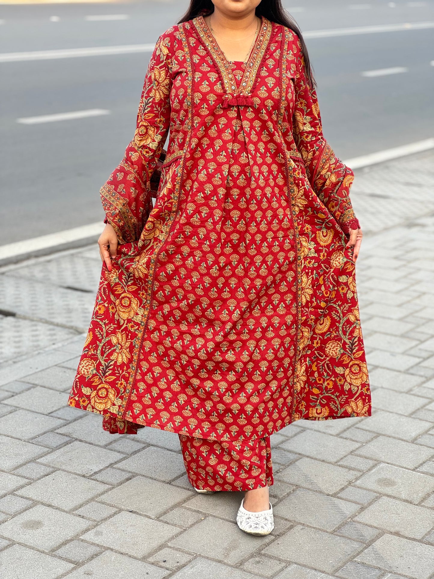 Latest Floral Printed Cotton Semi-Party Wear A-Line Suit.
